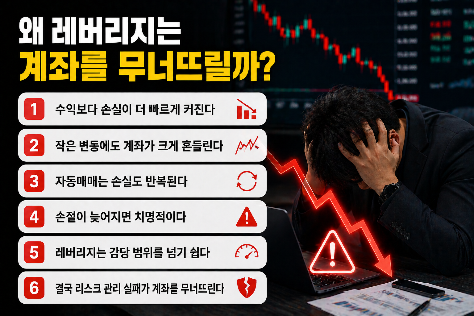 하락하는 주식 차트와 어두운 분위기 속에서 ‘왜 레버리지는 계좌를 무너뜨릴까?’라는 제목과 함께 레버리지 투자 위험 요인 6가지가 정리된 자동매매 리스크 인포그래픽 이미지