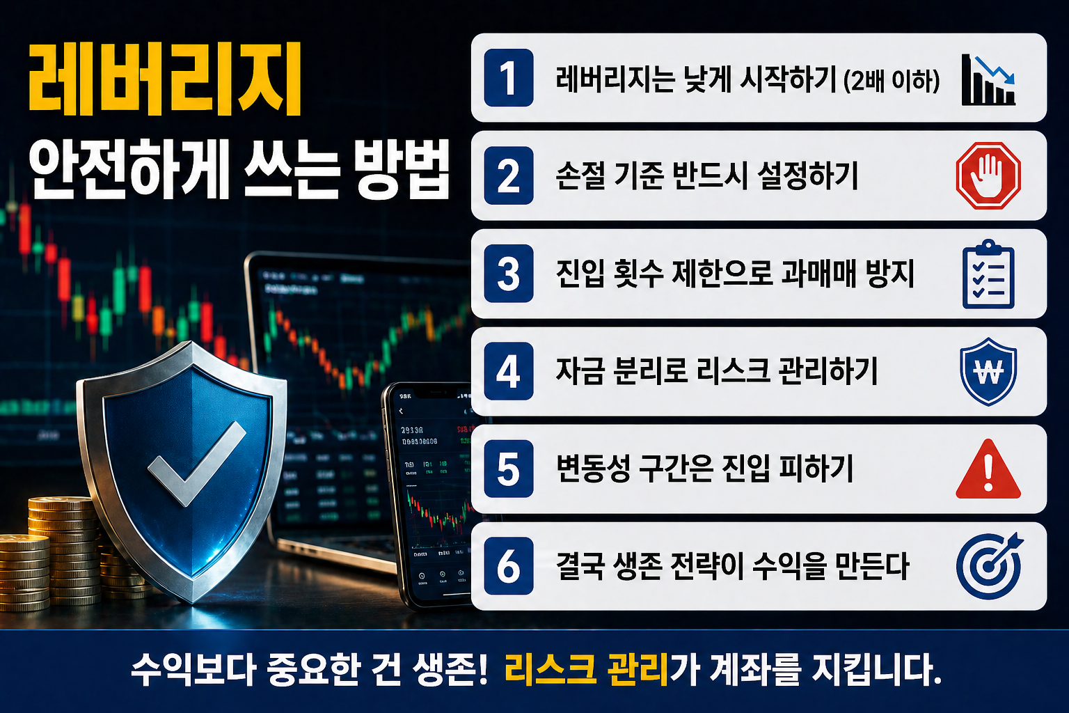 주식 차트와 거래 화면이 있는 배경 위에 ‘레버리지 안전하게 쓰는 방법’ 제목과 함께 레버리지 투자 시 지켜야 할 6가지 리스크 관리 전략이 정리된 인포그래픽 이미지