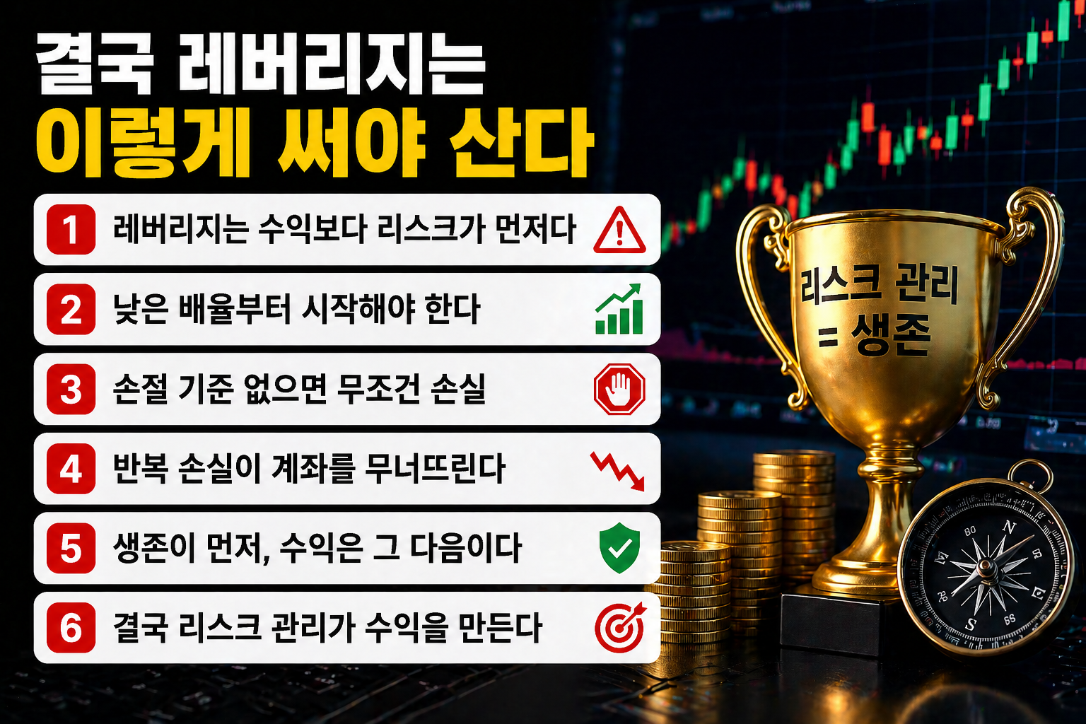 상승과 하락이 교차하는 주식 차트 배경 위에 ‘결국 레버리지는 이렇게 써야 산다’라는 제목과 함께 레버리지 투자 시 지켜야 할 리스크 관리 6가지 핵심 원칙이 정리된 인포그래픽 이미지