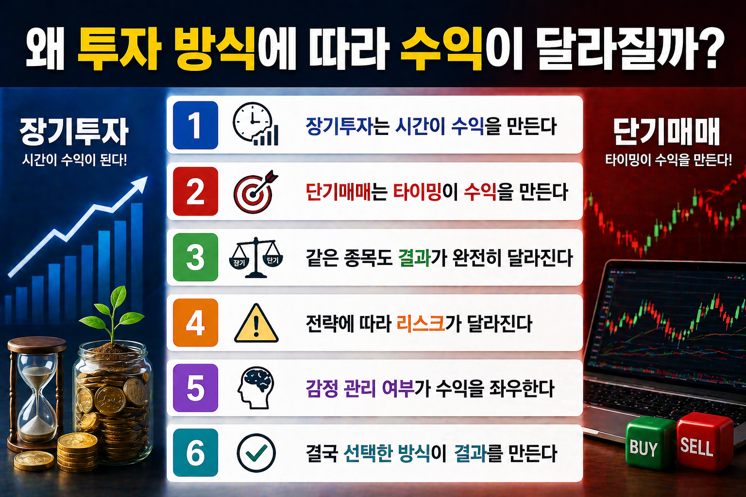장기투자와 단기매매를 대비한 분할 배경에서 왼쪽은 복리 성장 그래프와 코인, 오른쪽은 주식 차트와 매매 화면이 보이며 ‘왜 투자 방식에 따라 수익이 달라질까?’라는 제목과 함께 투자 결과 차이를 설명하는 6가지 핵심 포인트가 정리된 인포그래픽 이미지