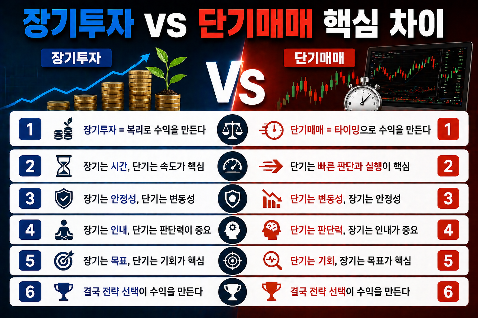 장기투자와 단기매매를 좌우로 비교한 화면에서 왼쪽은 복리 성장 그래프와 코인, 오른쪽은 주식 차트와 매매 화면이 있으며 ‘장기투자 vs 단기매매 핵심 차이’ 제목 아래 수익 구조와 리스크 차이를 6가지 항목으로 정리한 인포그래픽 이미지