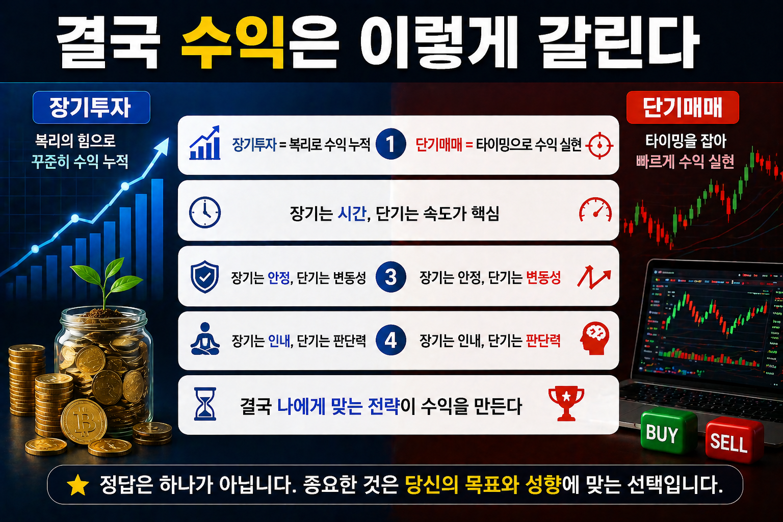 장기투자와 단기매매를 대비한 분할 화면에서 왼쪽은 복리 성장 그래프와 코인, 오른쪽은 주식 차트와 매매 화면이 보이며 ‘결국 수익은 이렇게 갈린다’라는 제목과 함께 투자 전략 차이를 6가지로 정리한 인포그래픽 이미지