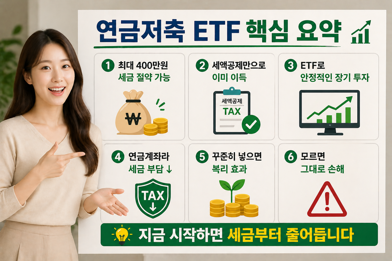 연금저축 ETF 절세 전략을 여성 전문가가 설명하는 인포그래픽 이미지