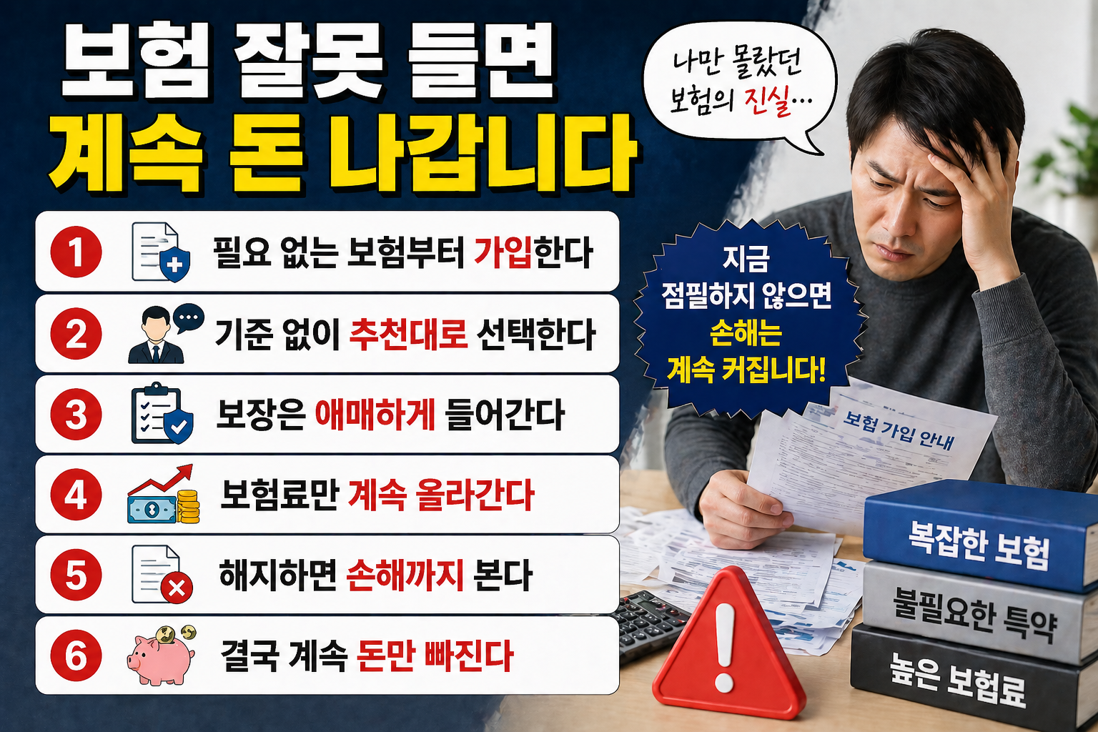 보험을 잘못 가입하면 계속 돈이 나가는 이유를 설명하는 인포그래픽으로 초보자가 흔히 하는 실수와 잘못된 보험 선택 구조를 보여주는 재테크 이미지