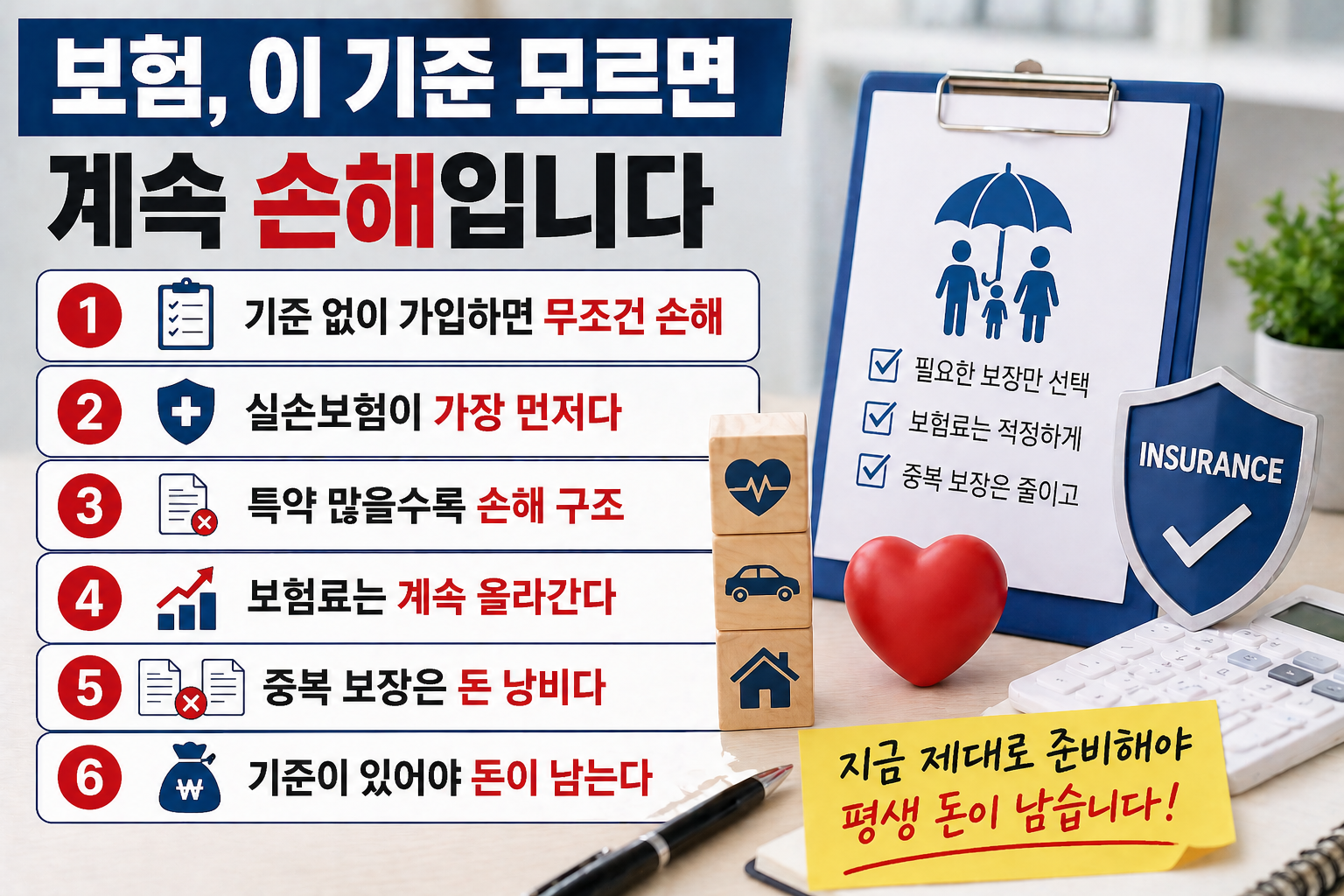보험 가입 시 손해를 피하는 방법과 핵심 기준을 정리한 인포그래픽으로 실손보험 우선 가입, 보험료 비율 관리, 중복 보장 제거 등 실전 전략을 보여주는 재테크 이미지
