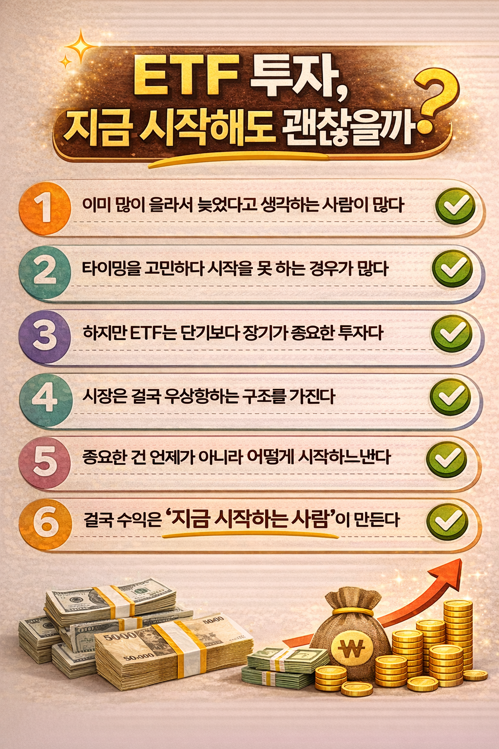 따뜻한 베이지 톤 배경 위에 “ETF 투자, 지금 시작해도 괜찮을까?”라는 제목과 함께 6가지 투자 인식과 전략이 단계별로 정리된 인포그래픽 이미지. 하단에는 실제 지폐와 금화, 상승 화살표가 배치되어 수익 구조와 자산 증가를 강조한 디자인.