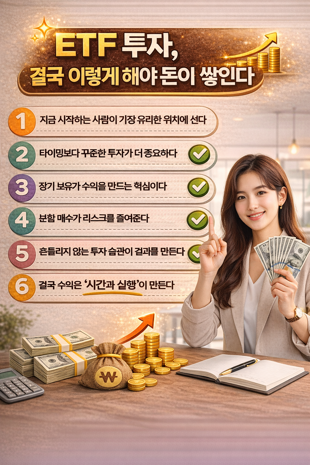 밝은 실내 배경에서 한 젊은 여성이 미소를 지으며 달러 지폐를 들고 설명하는 모습과 함께 “ETF 투자, 결국 이렇게 해야 돈이 쌓인다”라는 제목과 6가지 투자 원칙이 단계별로 정리된 인포그래픽 이미지. 하단에는 현금, 금화, 상승 그래프가 배치되어 자산 증가를 강조한 현대적인 디자인.