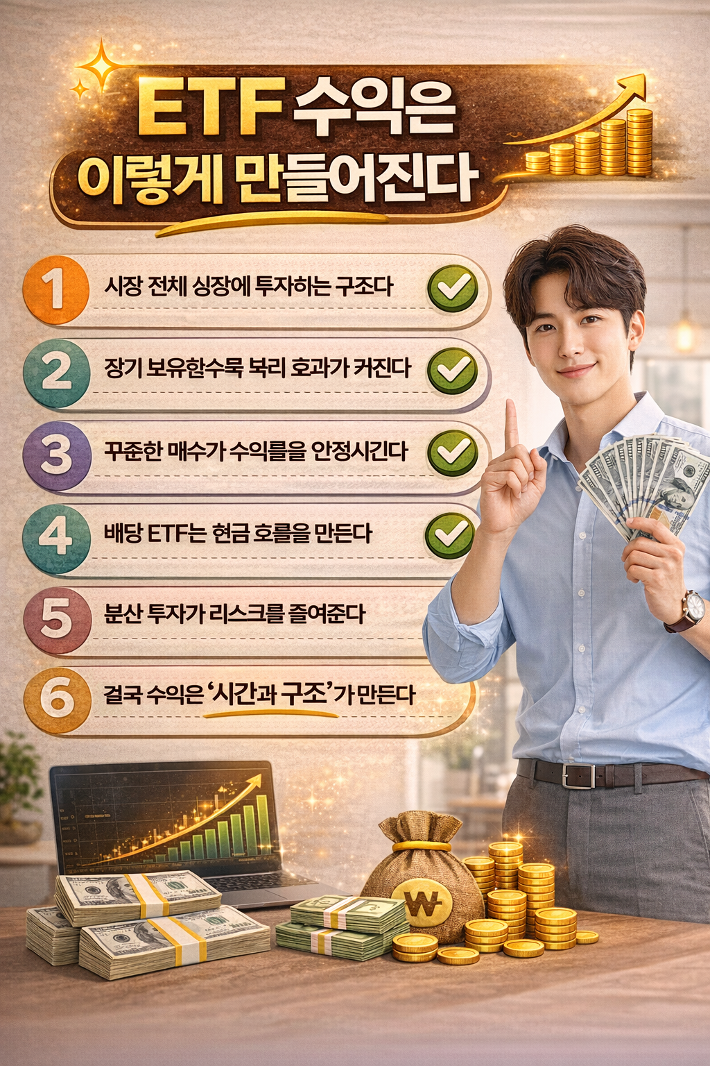 밝은 사무실 배경에서 한 남성이 미소를 지으며 달러 지폐를 들고 설명하는 모습과 함께 “ETF 수익은 이렇게 만들어진다”라는 제목과 6가지 수익 구조가 단계별로 정리된 인포그래픽 이미지. 하단에는 주식 그래프, 현금, 금화가 배치되어 자산 성장과 투자 구조를 강조한 현대적인 디자인.