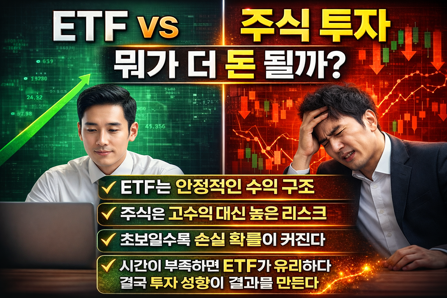 ETF 투자와 주식 투자 차이를 수익과 리스크 기준으로 비교한 금융 인포그래픽