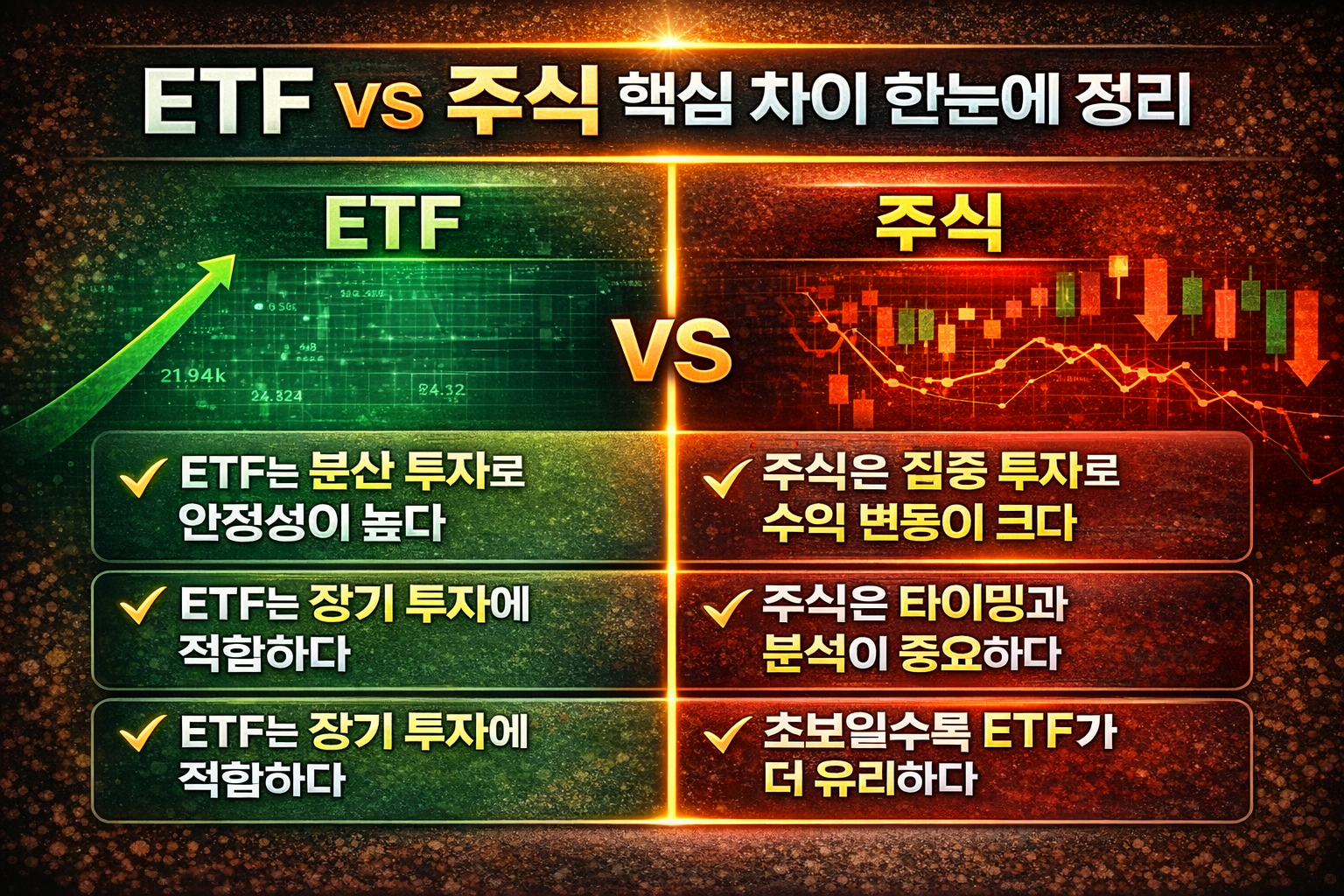 ETF 투자와 주식 투자 차이를 분산 투자와 집중 투자 관점에서 비교한 금융 인포그래픽