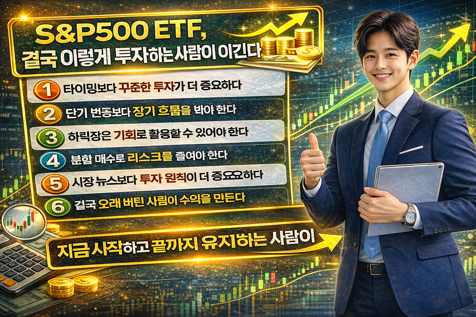 정장을 입은 남성이 태블릿을 들고 엄지를 들어 올린 포즈로 서 있으며 ‘S&P500 ETF, 결국 이렇게 투자하는 사람이 이긴다’라는 제목과 장기 투자 전략 6가지가 정리된 인포그래픽 이미지