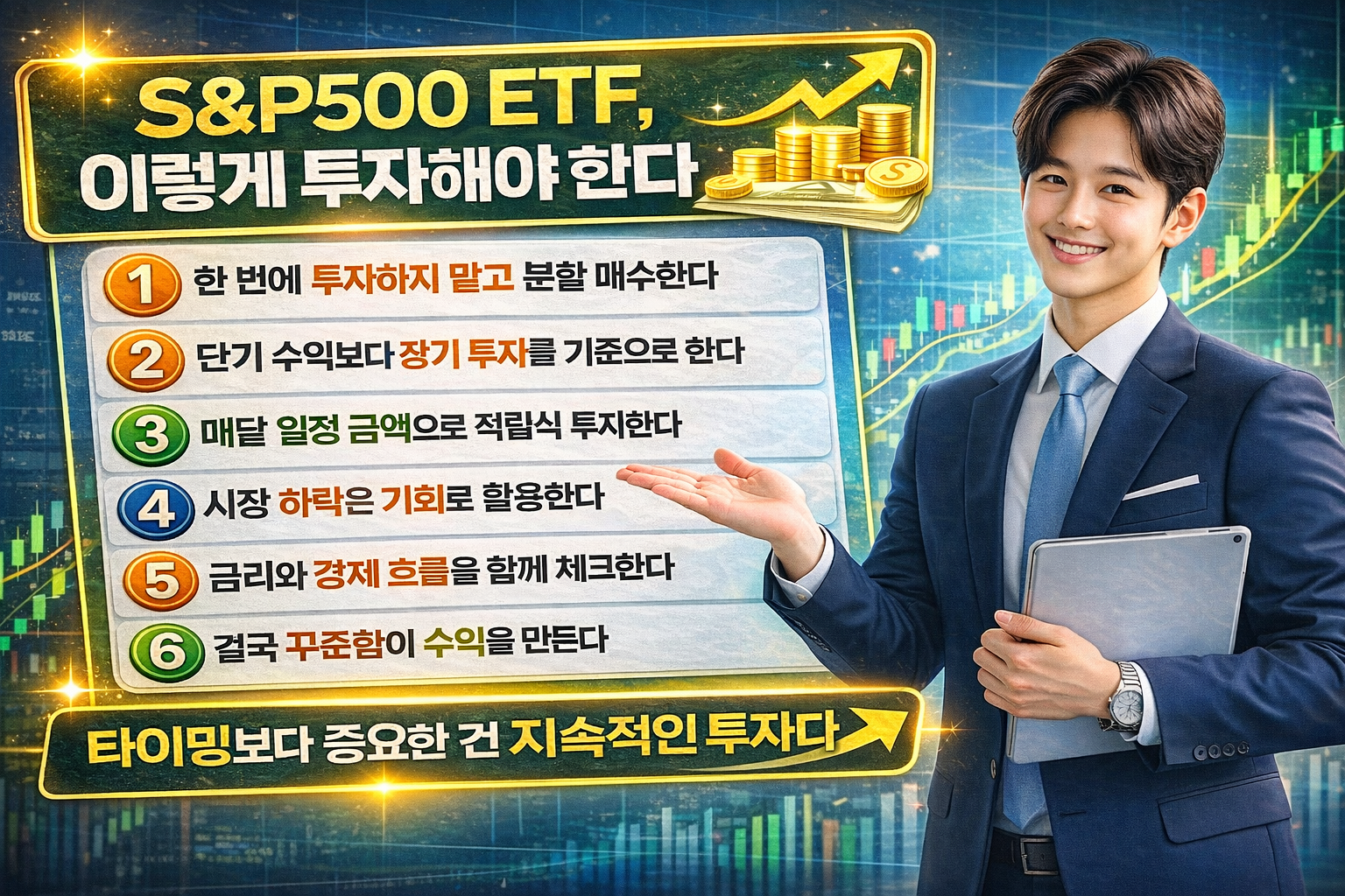 정장을 입은 남성이 태블릿을 들고 손바닥으로 설명하는 포즈를 취하며 ‘S&P500 ETF, 이렇게 투자해야 한다’라는 제목과 함께 분할 매수, 장기 투자, 적립식 투자 등 6가지 전략이 정리된 인포그래픽 이미지