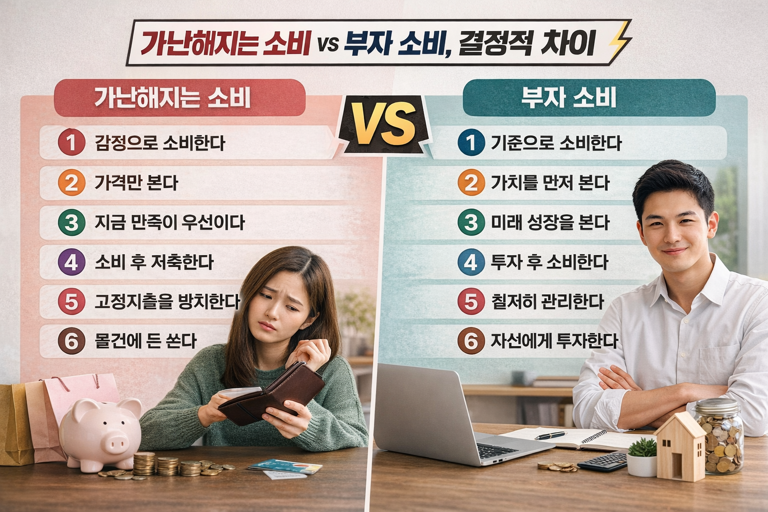 충동 소비를 하는 여성과 계획적으로 자산을 관리하는 남성을 대비시킨 이미지로, 가난해지는 소비 습관과 부자 되는 소비 습관의 차이를 직관적으로 보여주는 장면