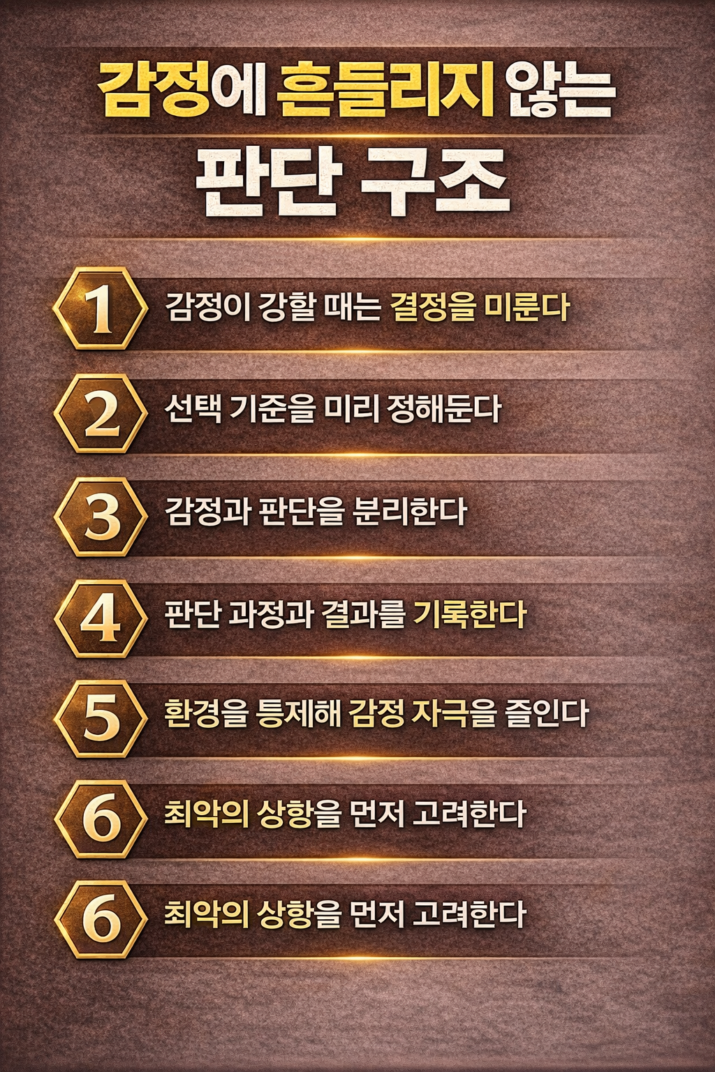 감정에 흔들리지 않는 판단 구조를 정리한 인포그래픽으로 결정 지연 기준 설정 감정 분리 기록 습관 등 후회 없는 선택을 만드는 핵심 방법을 설명한 자기계발 이미지