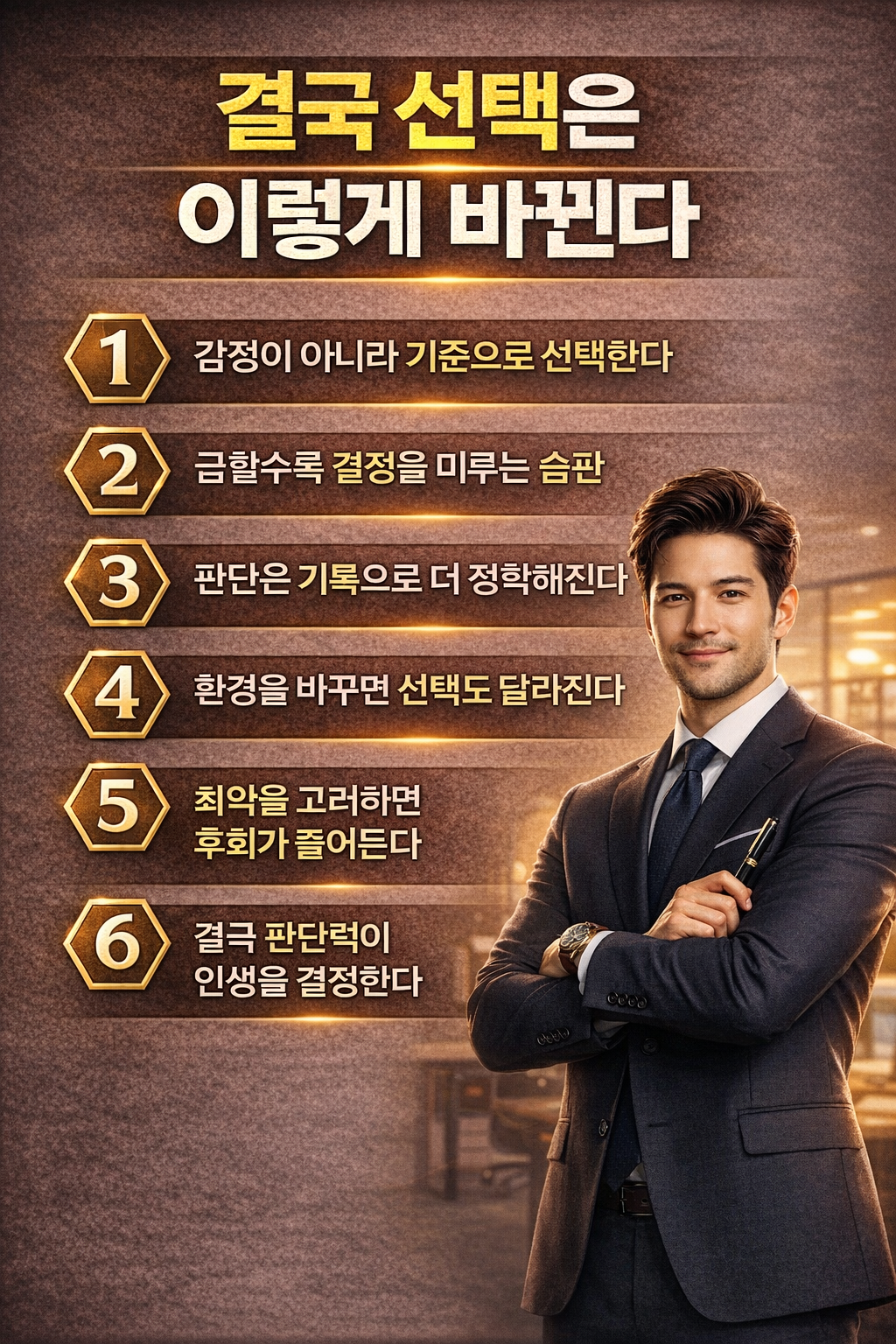 후회 없는 선택을 만드는 방법을 정리한 결론 인포그래픽으로 감정이 아닌 기준으로 판단하는 사고방식과 의사결정 구조를 설명한 자기계발 이미지