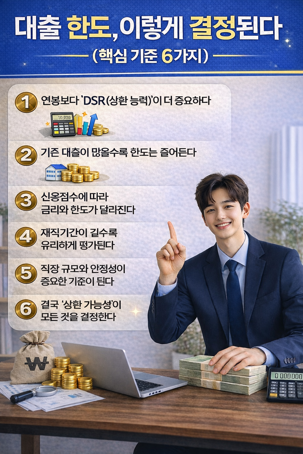 양복을 입은 한국 남성 직장인이 노트북과 현금을 앞에 두고 대출 한도 결정 기준 6가지를 설명하는 금융 인포그래픽 이미지