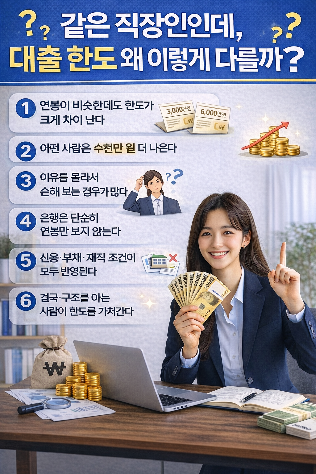 양복을 입은 한국 여성 직장인이 노트북 앞에서 현금을 들고 웃으며 직장인 대출 한도 차이와 승인 기준 6가지를 설명하는 인포그래픽 이미지