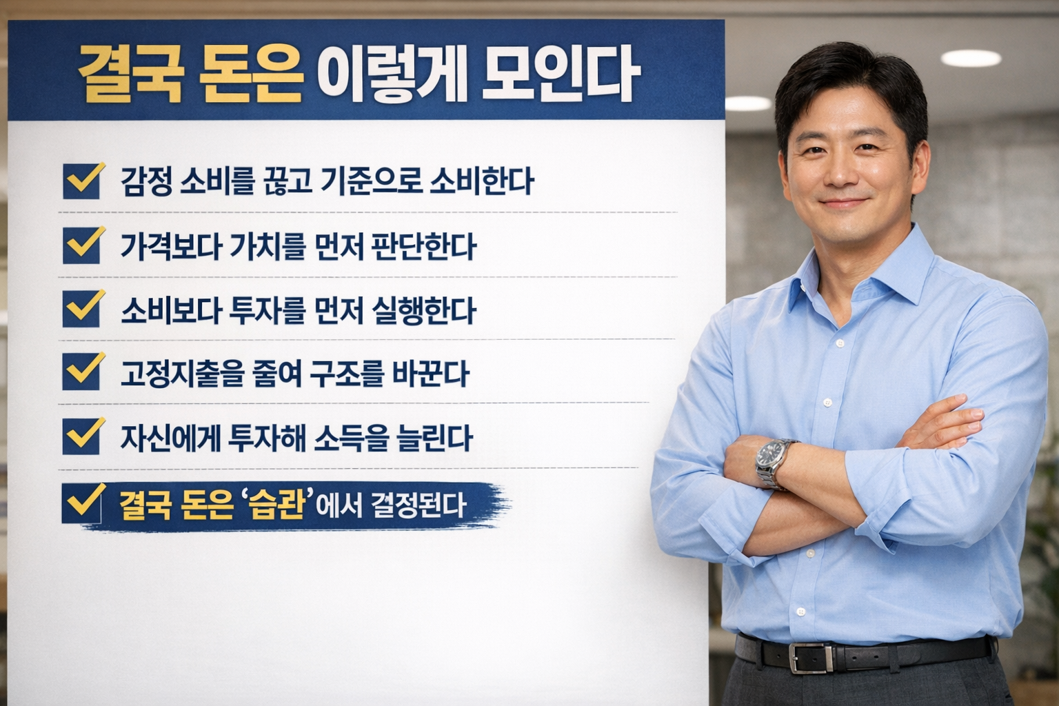 정장 셔츠를 입은 남성이 자신감 있는 포즈로 서 있는 모습과 함께 ‘결국 돈은 이렇게 모인다’라는 제목 아래 소비 습관과 투자 원칙 6가지를 정리한 금융 인포그래픽 이미지