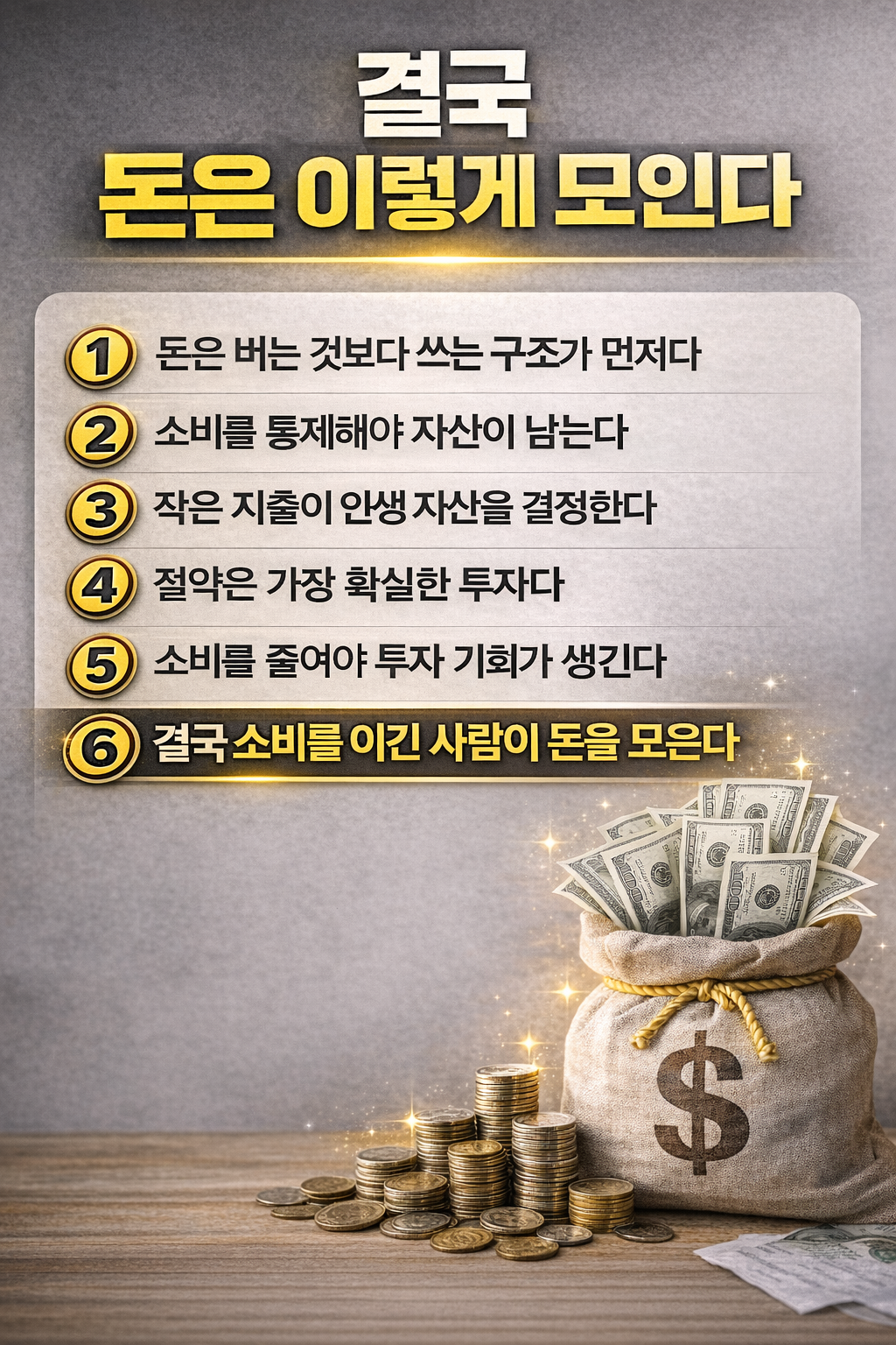 돈이 모이는 구조를 설명하는 6가지 핵심 문구와 함께 돈 자루와 동전이 쌓인 장면이 표현된 재테크 결론 인포그래픽 이미지