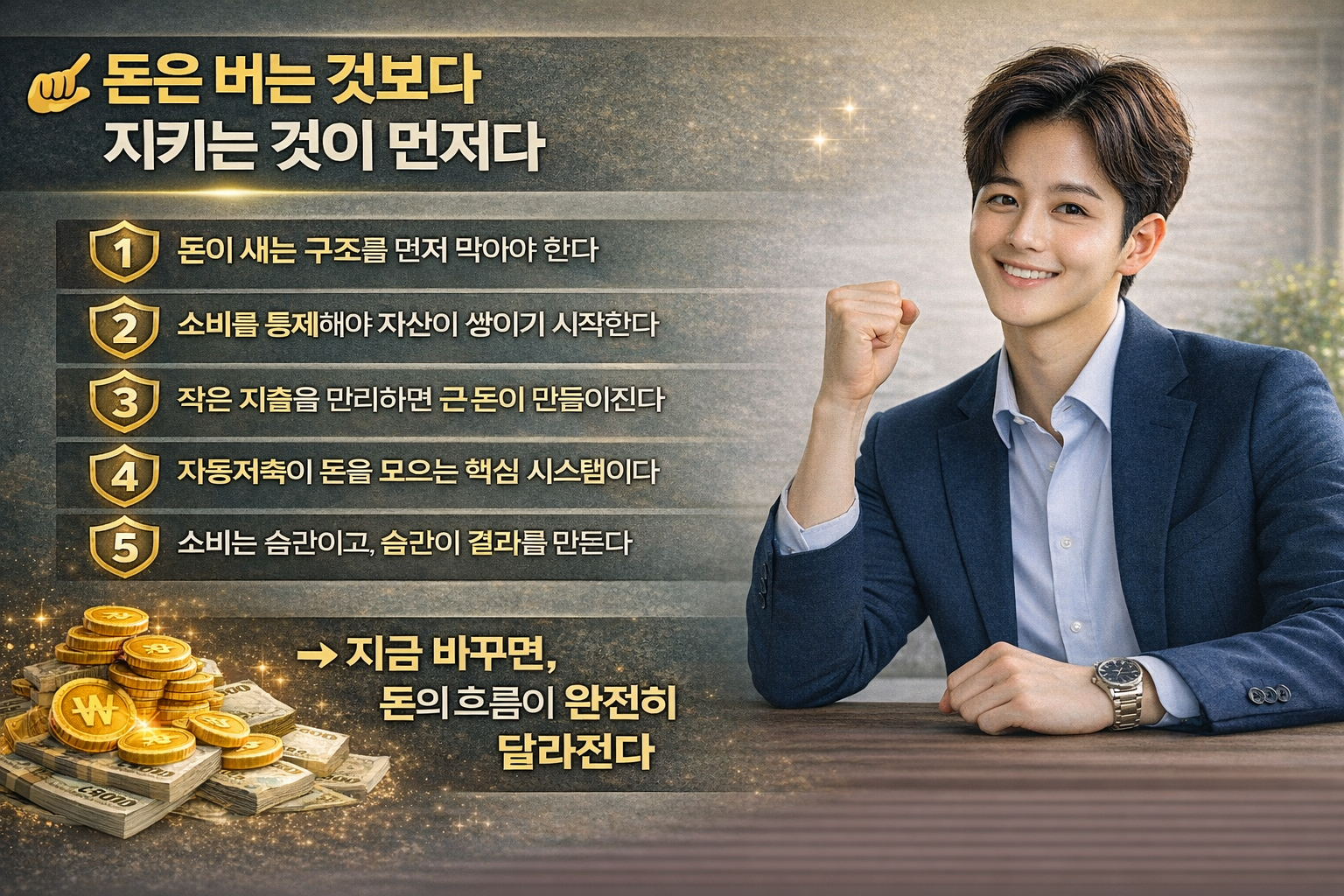 남성이 주먹을 살짝 쥔 포즈로 자신감 있게 서 있는 모습과 함께 돈 관리의 중요성을 강조하는 인포그래픽으로, 소비 습관과 자산 형성의 관계를 설명하는 문구가 포함된 이미지