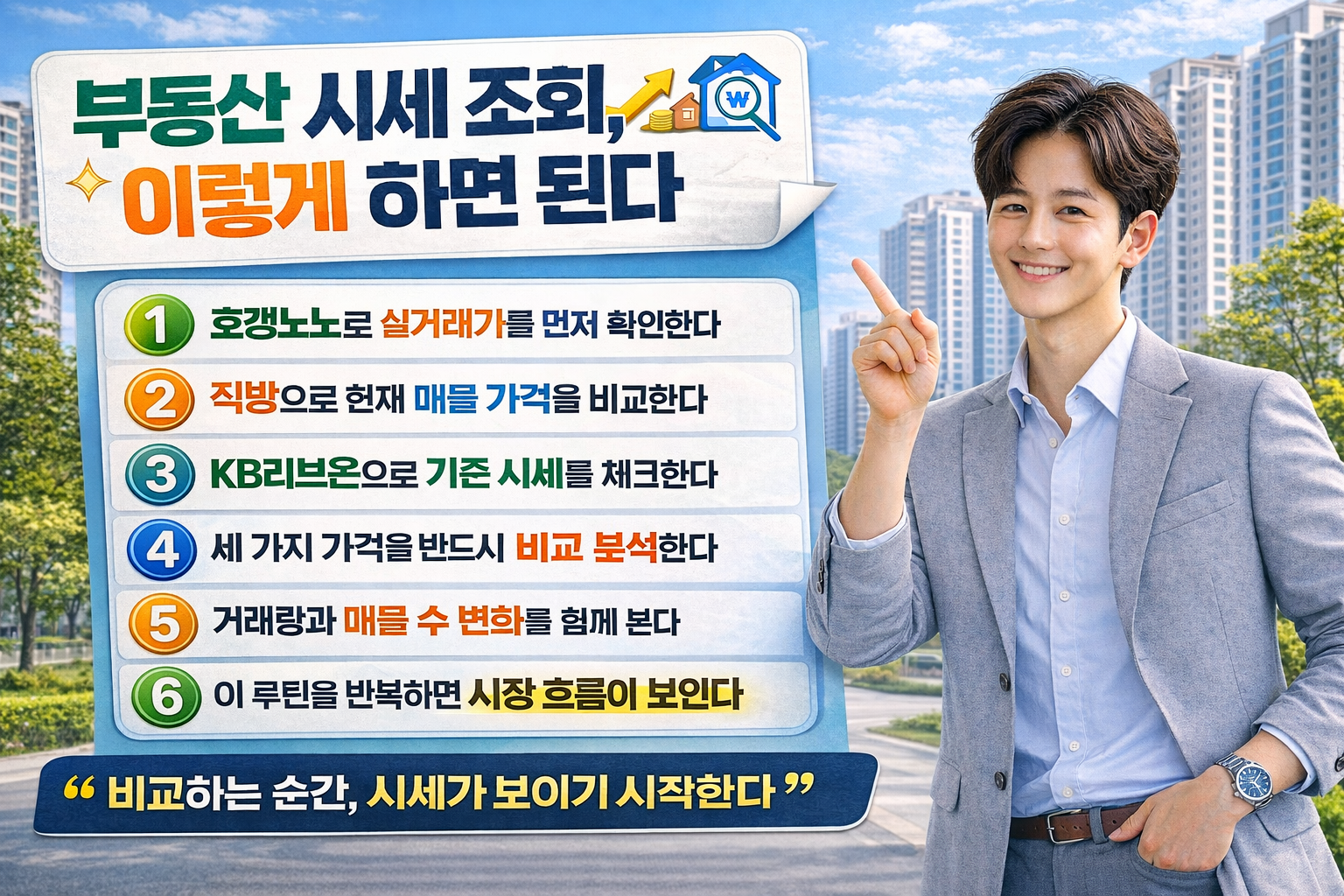 남성이 아파트 배경 앞에서 설명하는 자세로 서 있으며 ‘부동산 시세 조회, 이렇게 하면 된다’라는 제목과 함께 호갱노노, 직방, KB리브온을 활용한 시세 확인 방법 6가지가 정리된 인포그래픽 이미지