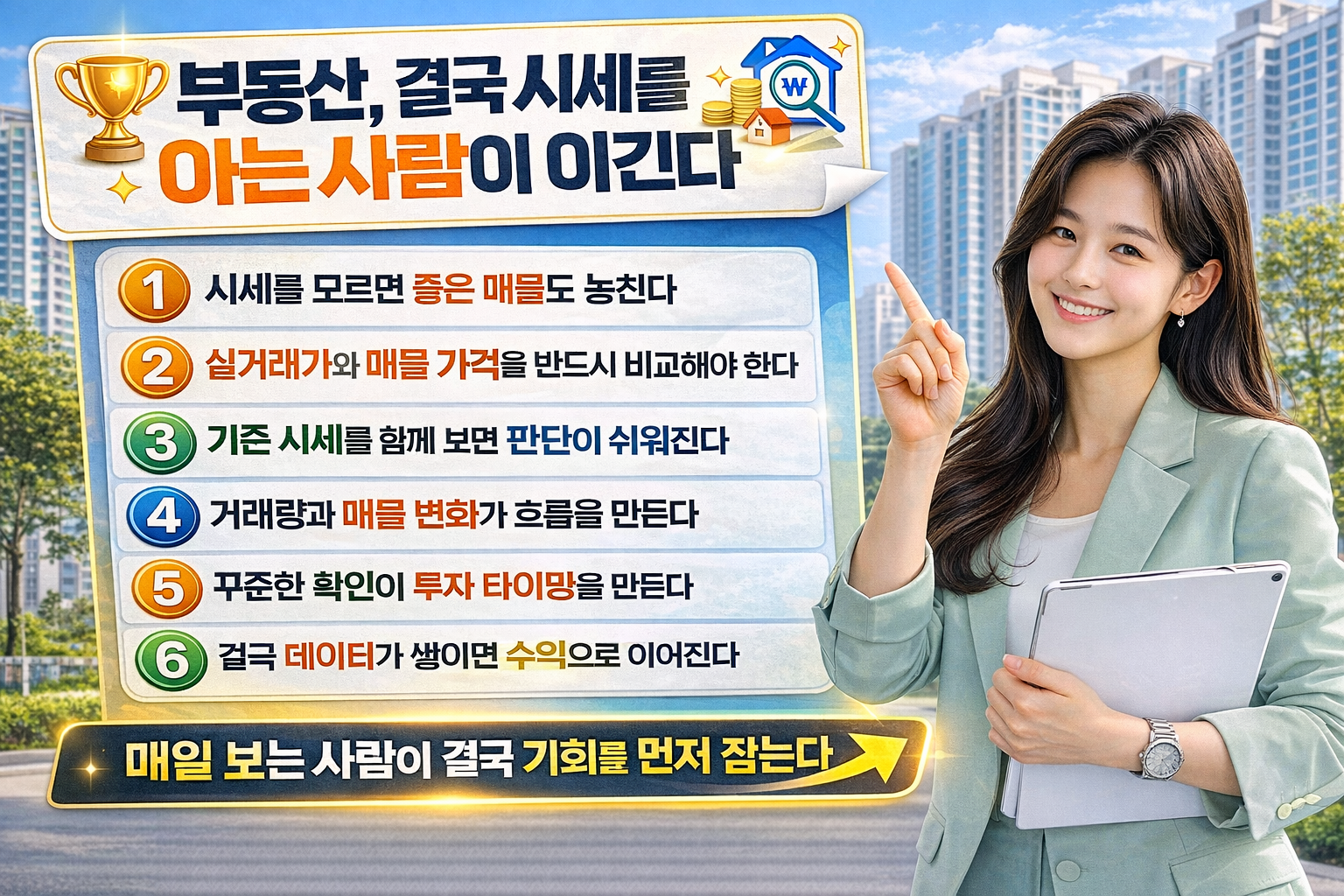 아파트 단지를 배경으로 밝은 표정의 여성이 태블릿을 들고 설명하는 모습과 함께 ‘부동산, 결국 시세를 아는 사람이 이긴다’라는 제목과 시세 확인 핵심 6가지가 정리된 인포그래픽 이미지
