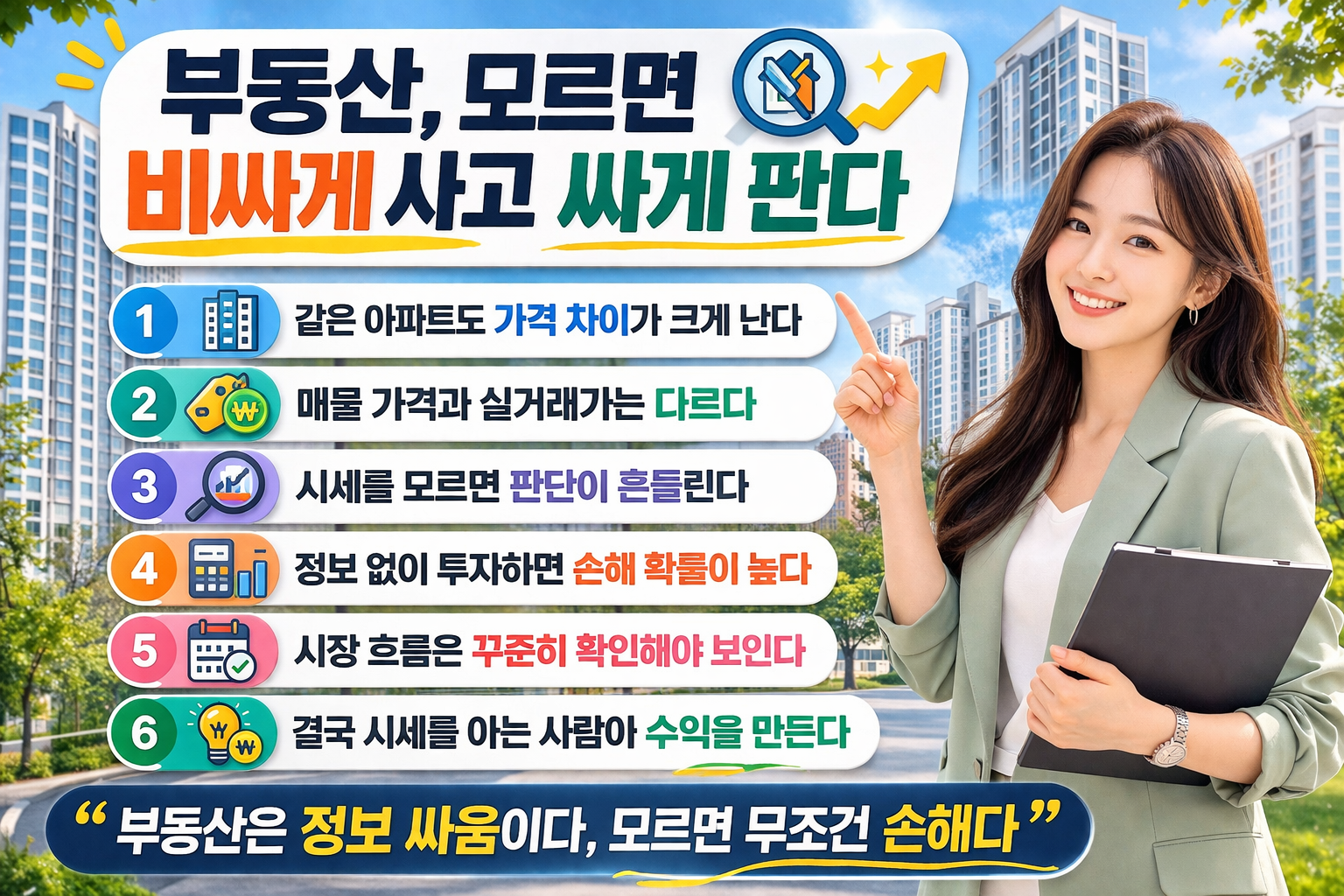 밝은 표정의 여성이 아파트 단지를 배경으로 서서 손가락으로 포인트를 주며 ‘부동산 모르면 비싸게 사고 싸게 판다’라는 제목과 시세 중요성을 설명하는 6가지 내용이 정리된 인포그래픽 이미지
