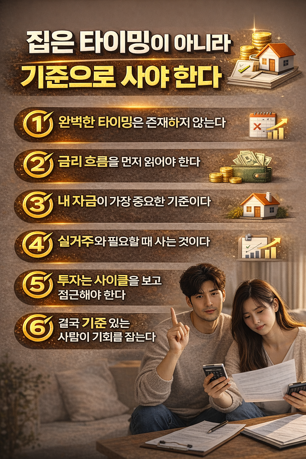 집 구매를 고민하는 부부가 서류와 계산기를 보며 부동산 매수 기준을 판단하는 모습과 함께 금리, 자금, 실거주와 투자 구분 등 집을 타이밍이 아닌 기준으로 판단해야 한다는 내용을 정리한 인포그래픽 이미지