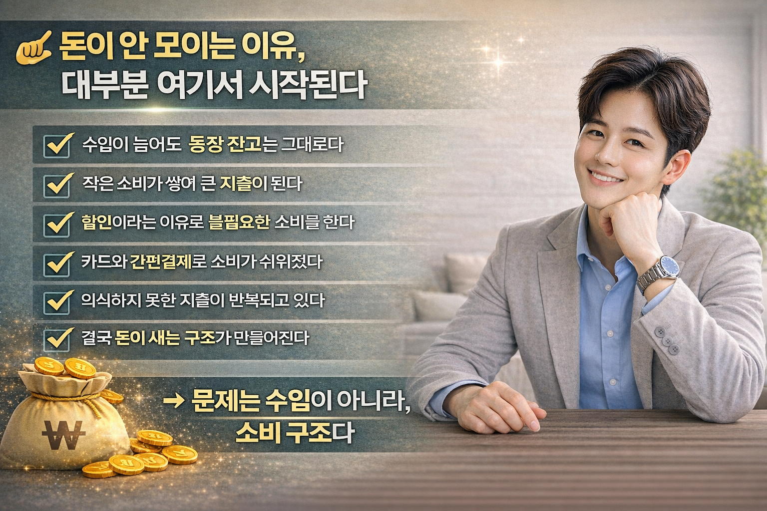 남성이 손을 턱에 살짝 괴고 자연스럽게 앉아 있는 모습과 함께 ‘돈이 안 모이는 이유, 대부분 여기서 시작된다’라는 제목과 소비 패턴 문제를 6가지로 정리한 인포그래픽 이미지