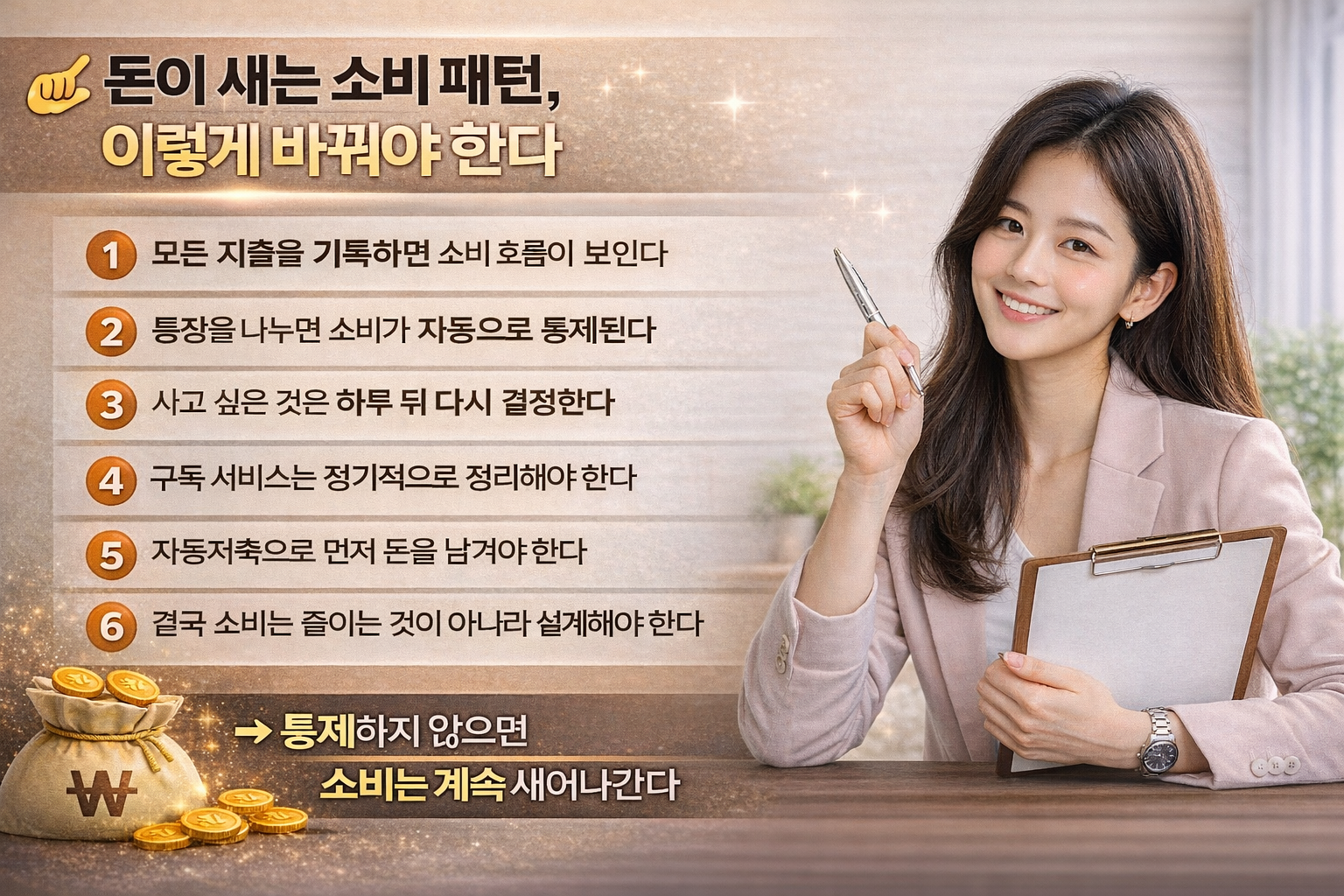 밝은 표정의 여성이 손가락으로 포인트를 주며 서 있는 모습과 함께 돈이 새는 소비 패턴을 개선하는 방법 6가지가 정리된 인포그래픽 이미지 (지출 기록, 통장 분리, 지연 소비, 구독 정리, 자동저축 등)