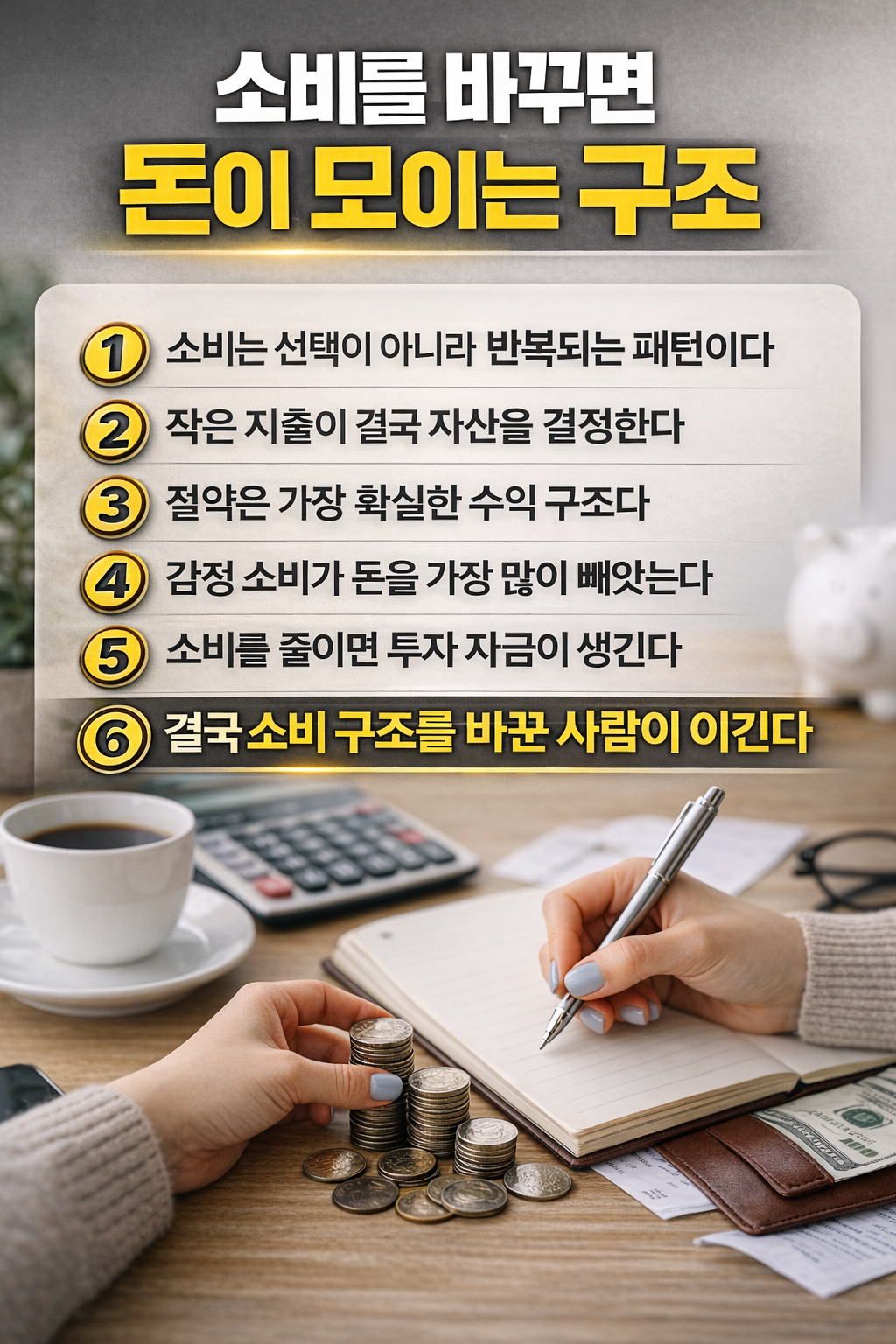 동전을 쌓고 가계부를 작성하는 장면 위에 소비 습관 변화로 돈이 모이는 구조를 6가지 핵심 문장으로 정리한 재테크 인포그래픽 이미지