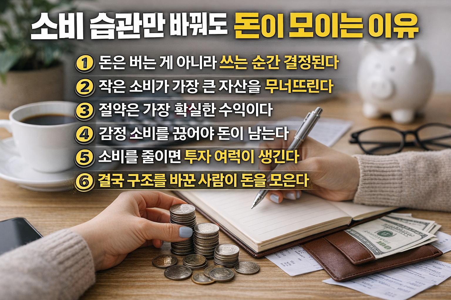 동전을 쌓으며 가계부를 작성하는 장면 위에 소비 습관 변화와 돈이 모이는 이유 6가지가 정리된 재테크 인포그래픽 이미지