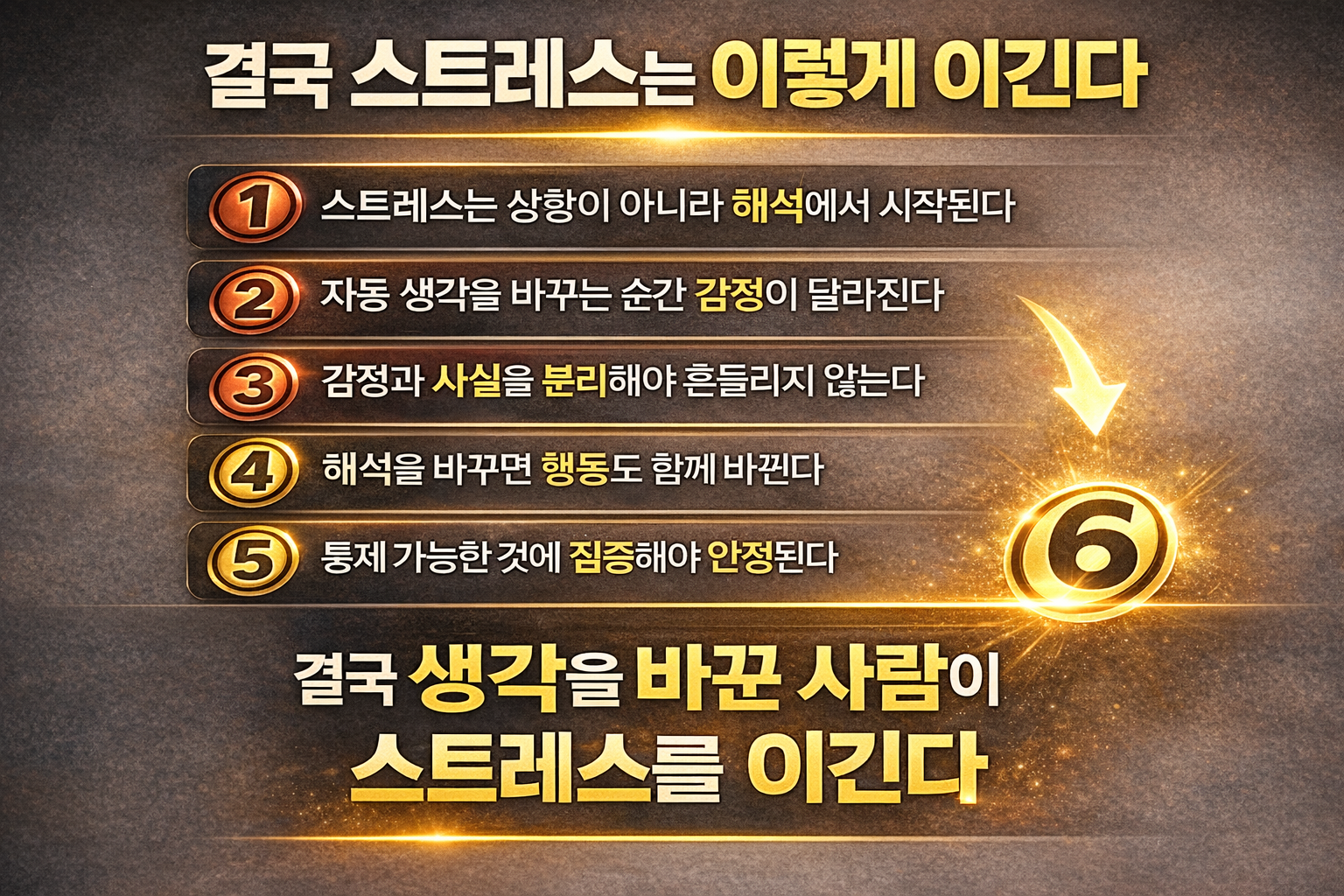 스트레스를 이기는 방법을 6가지 단계로 정리하고 마지막에 핵심 메시지를 강조한 자기계발 결론 인포그래픽 이미지