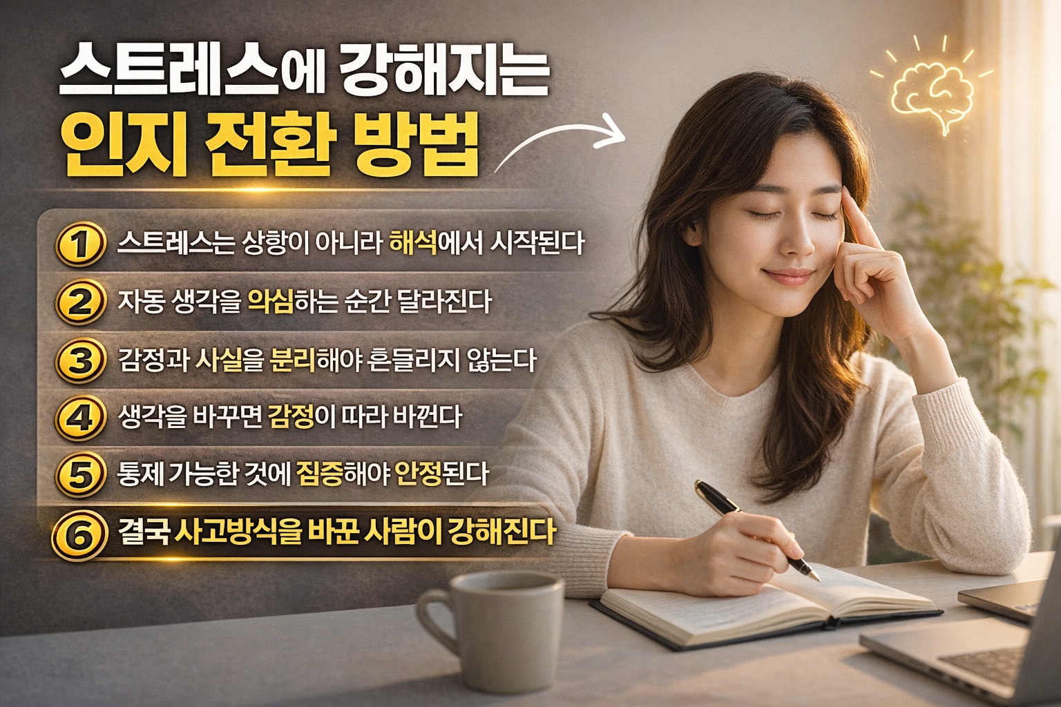 노트에 생각을 정리하며 인지 전환을 실천하는 여성의 모습과 함께 스트레스 관리 방법 6가지가 정리된 자기계발 인포그래픽 이미지