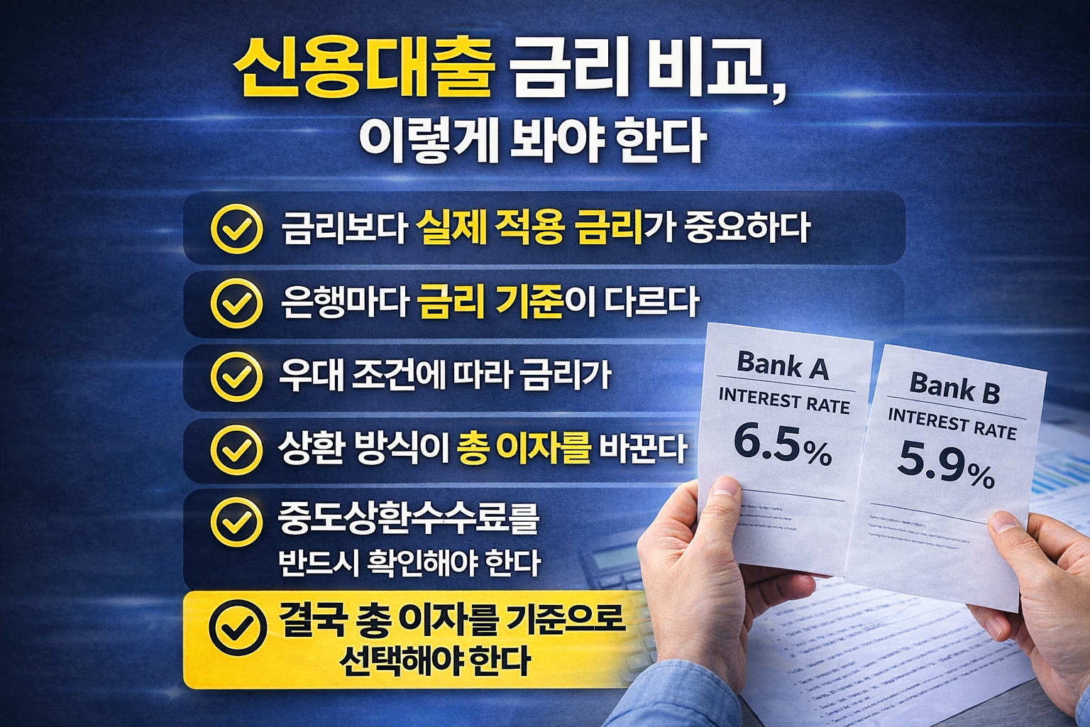 신용대출 금리 비교 기준을 6가지 핵심 체크리스트로 정리하고 총 이자 기준 선택의 중요성을 강조한 재테크 인포그래픽 이미지