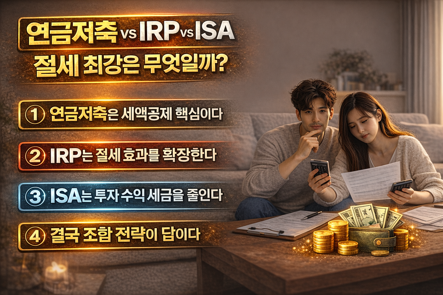 연금저축, IRP, ISA의 절세 효과를 비교하는 인포그래픽으로 부부가 계산기와 서류를 보며 세금 절감 전략을 고민하는 모습과 각 금융상품의 특징을 강조한 이미지