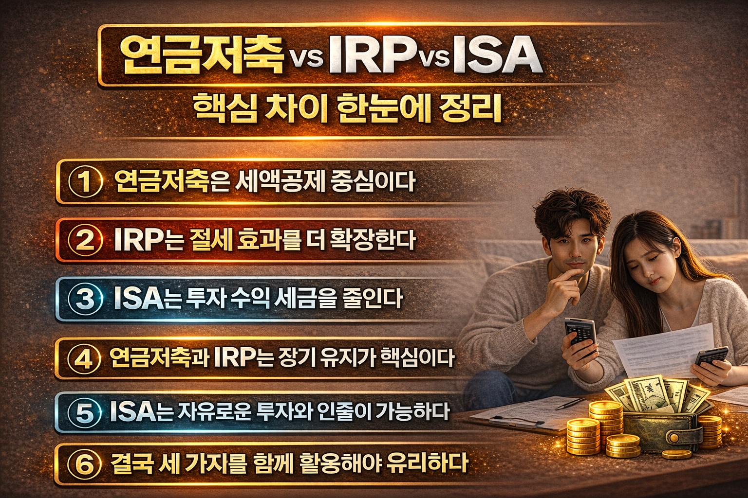 연금저축, IRP, ISA의 차이를 6가지 핵심 기준으로 비교한 인포그래픽으로 세액공제, 절세 확장, 투자 수익 절세, 장기 유지, 인출 가능 여부 등을 강조한 이미지