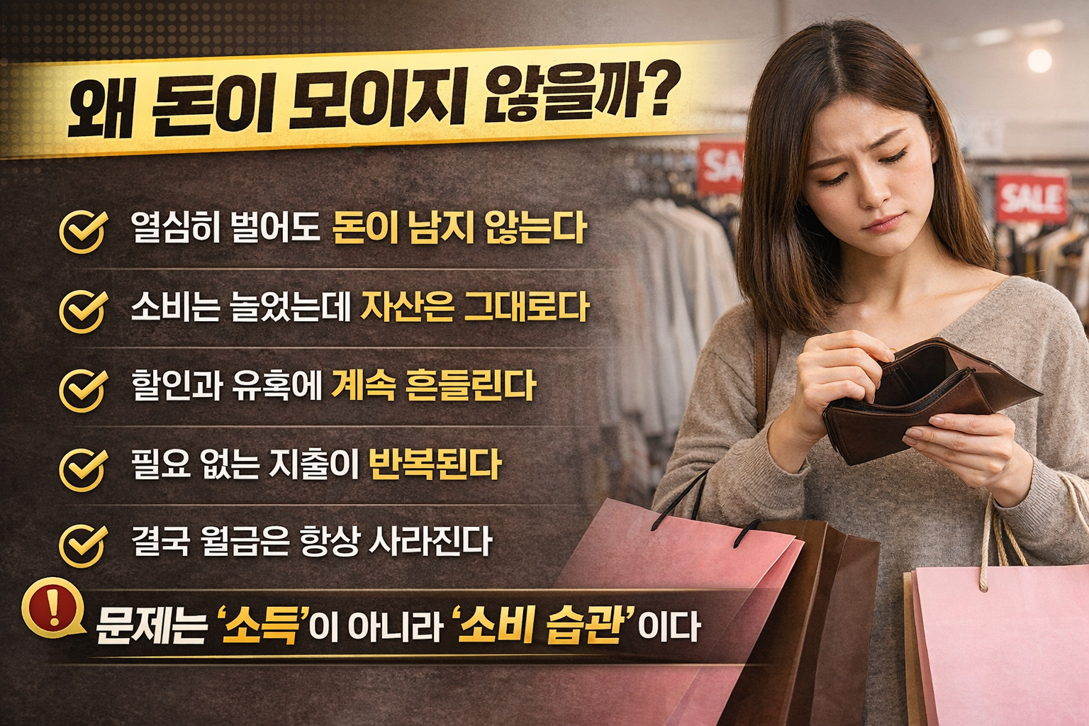 지갑을 확인하며 고민하는 여성과 함께 돈이 모이지 않는 이유를 소비 습관 문제로 설명하는 인포그래픽 이미지