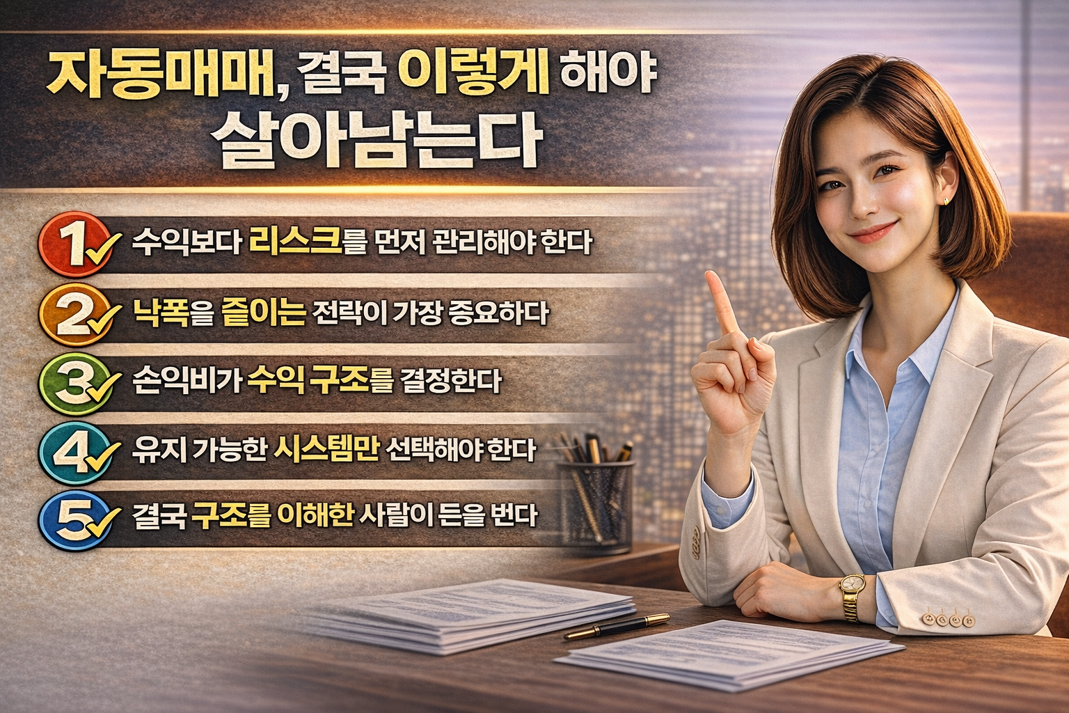 밝은 색 정장을 입은 단발머리 여성이 손가락으로 포인트를 짚으며 설명하는 모습과 함께, 자동매매에서 살아남기 위한 핵심 전략 5가지를 정리한 결론 인포그래픽 이미지
