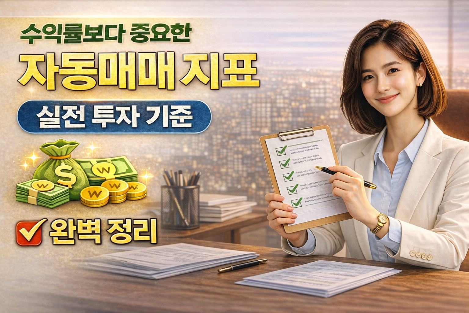 밝은 색 정장을 입은 단발머리 여성이 체크리스트를 들고 있는 모습으로, 수익률보다 중요한 자동매매 지표와 실전 투자 기준을 강조한 현대적인 썸네일 이미지