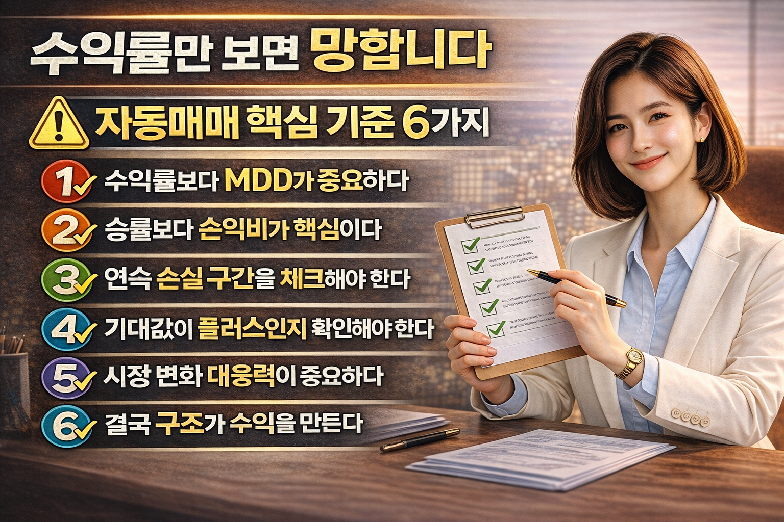 밝은 색 정장을 입은 단발머리 여성이 체크리스트를 들고 있는 모습과 함께, 수익률보다 중요한 자동매매 핵심 지표 6가지를 정리한 인포그래픽 이미지