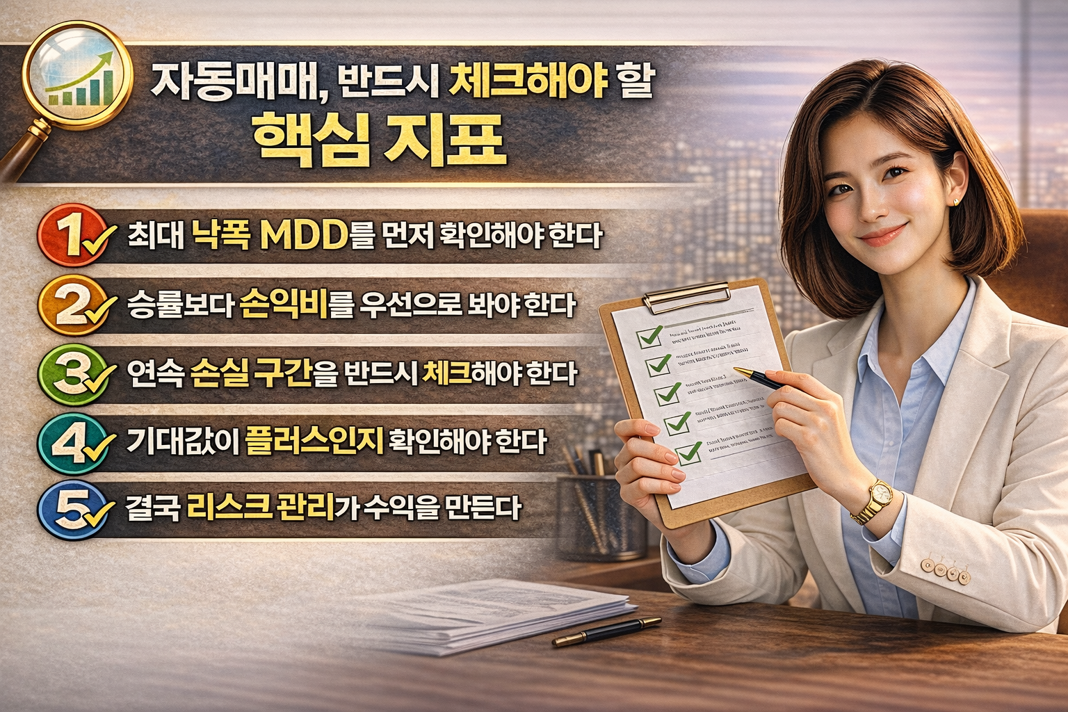 밝은 색 정장을 입은 단발머리 여성이 체크리스트를 들고 설명하는 모습과 함께, 자동매매에서 반드시 확인해야 할 핵심 지표 5가지를 정리한 인포그래픽 이미지