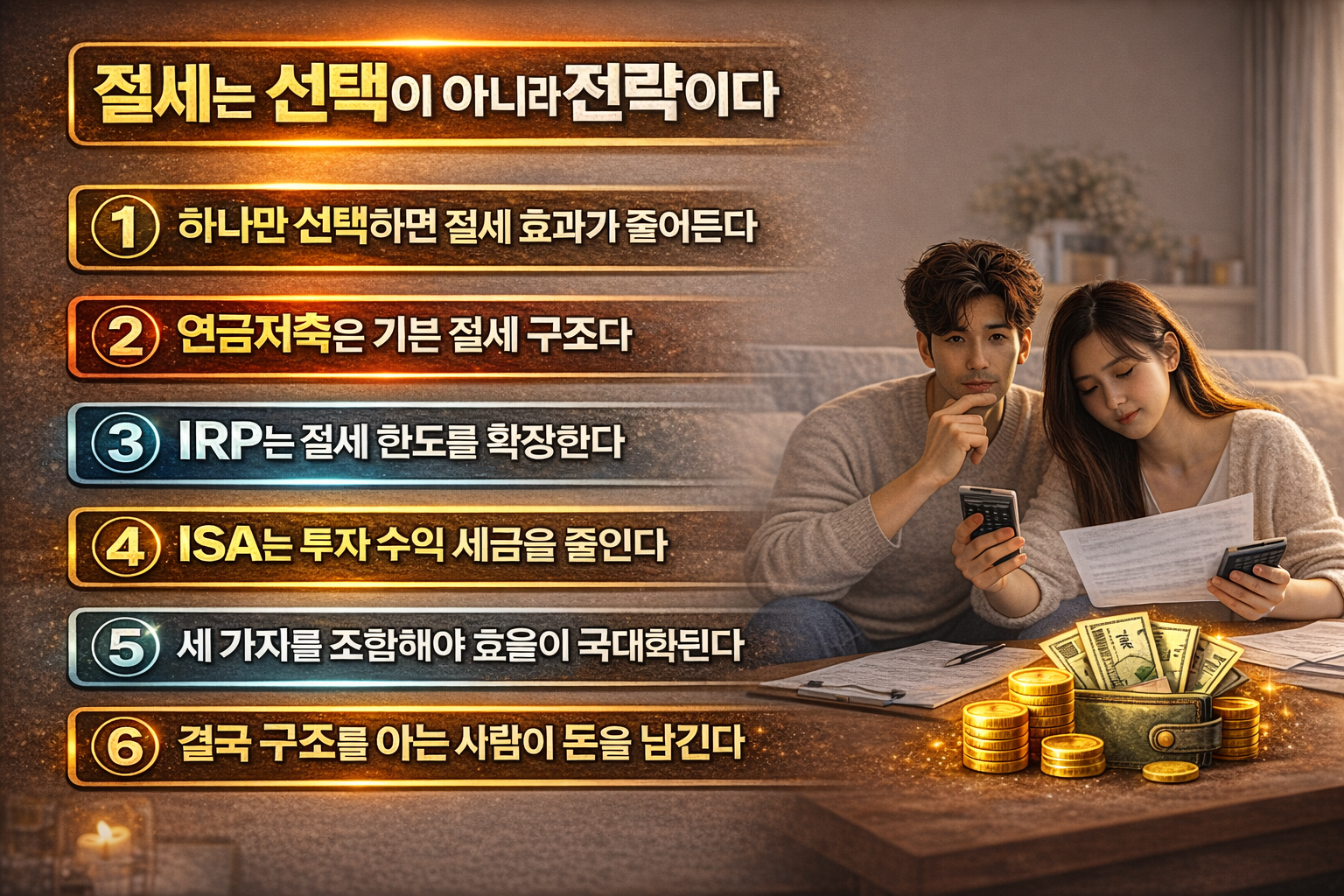 연금저축, IRP, ISA를 활용한 절세 전략을 6가지 핵심으로 정리한 인포그래픽으로 부부가 서류와 계산기를 보며 재테크 계획을 세우는 모습과 함께 절세 구조의 중요성을 강조한 이미지