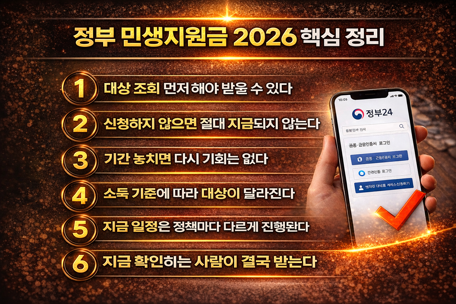 정부24를 통해 민생지원금 신청 방법과 핵심 체크 포인트를 정리한 금융 인포그래픽