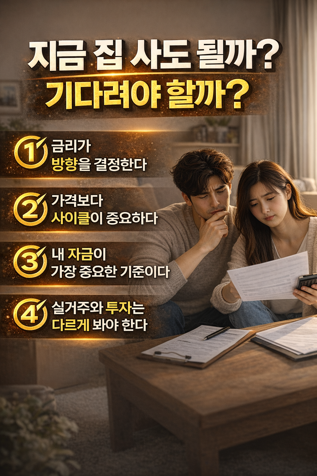 집을 살지 기다릴지 고민하는 부부가 서류를 보며 계산하는 모습과 함께 금리, 사이클, 자금, 목적 등 부동산 매수 타이밍 판단 기준을 정리한 인포그래픽 이미지