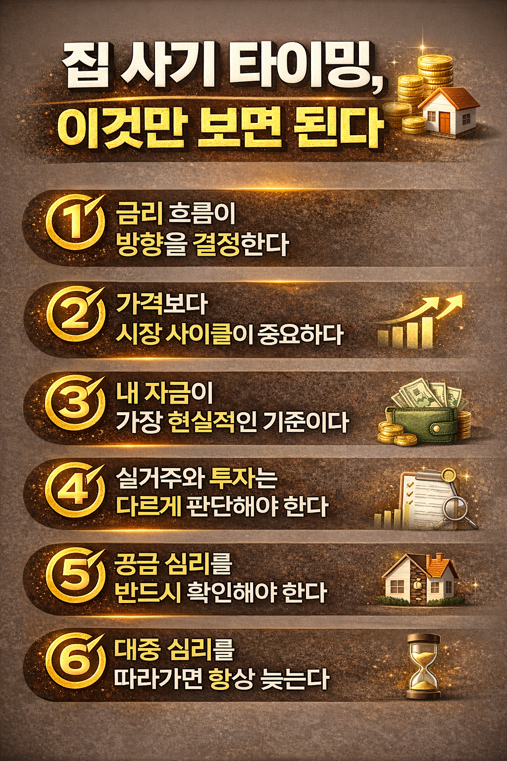 집 구매 타이밍을 판단하는 핵심 기준을 6가지로 정리한 인포그래픽으로 금리 흐름, 시장 사이클, 자금 상황, 실거주와 투자 구분, 수요 공급, 대중 심리 등을 강조한 이미지