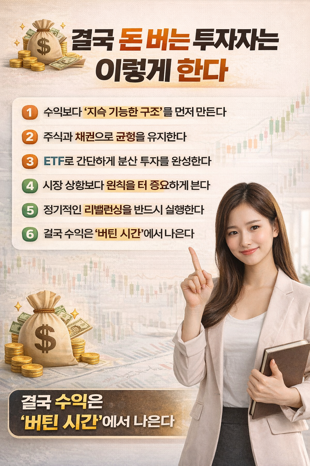 책을 들고 있는 여성이 60:40 ETF 투자 전략의 핵심 원칙 6가지를 설명하며 장기 투자와 리밸런싱의 중요성을 강조하는 재테크 인포그래픽 이미지