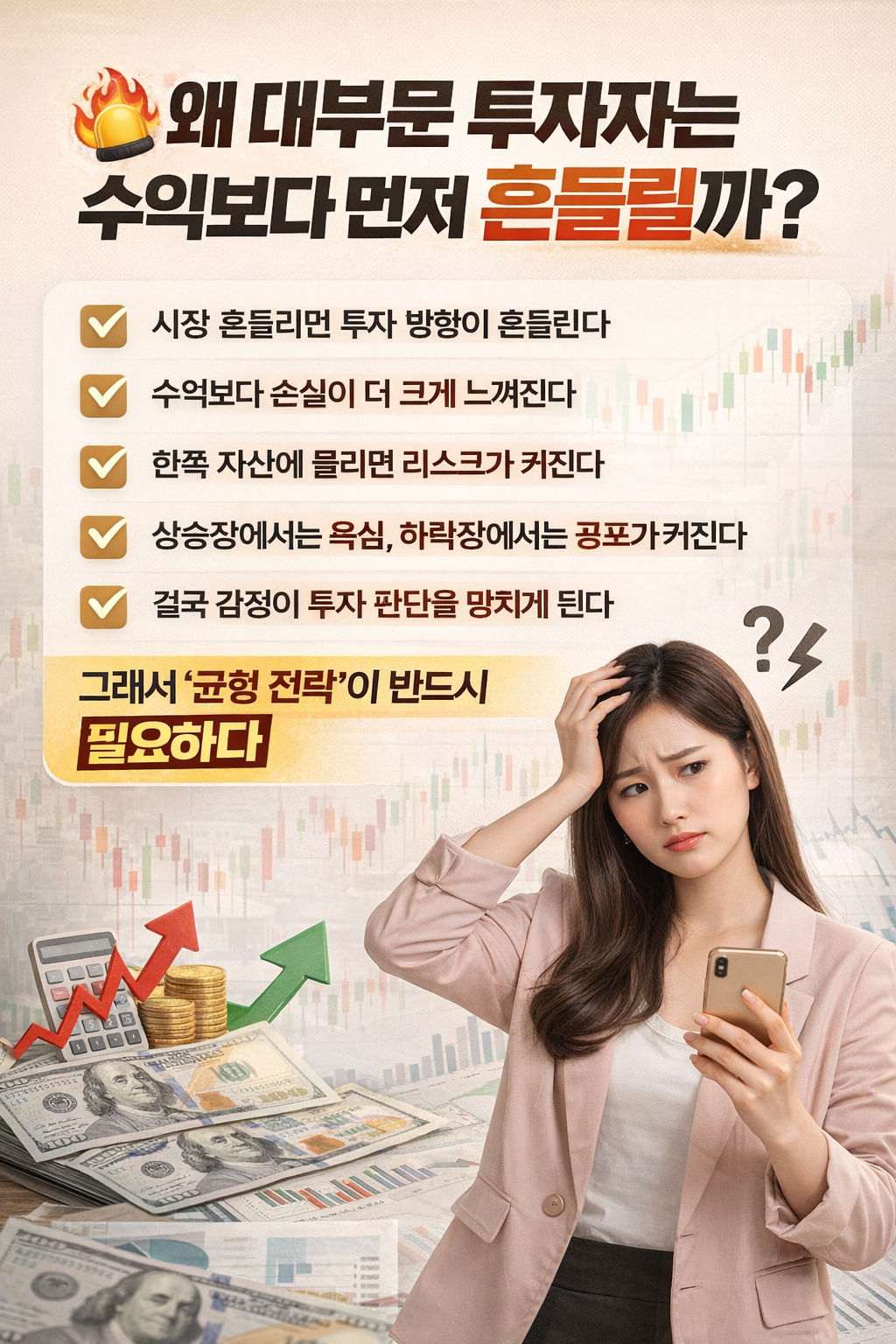 투자 스트레스를 느끼는 여성과 함께 시장 변동, 손실 불안, 감정 투자 문제를 설명하며 균형 전략의 필요성을 강조한 재테크 인포그래픽 이미지