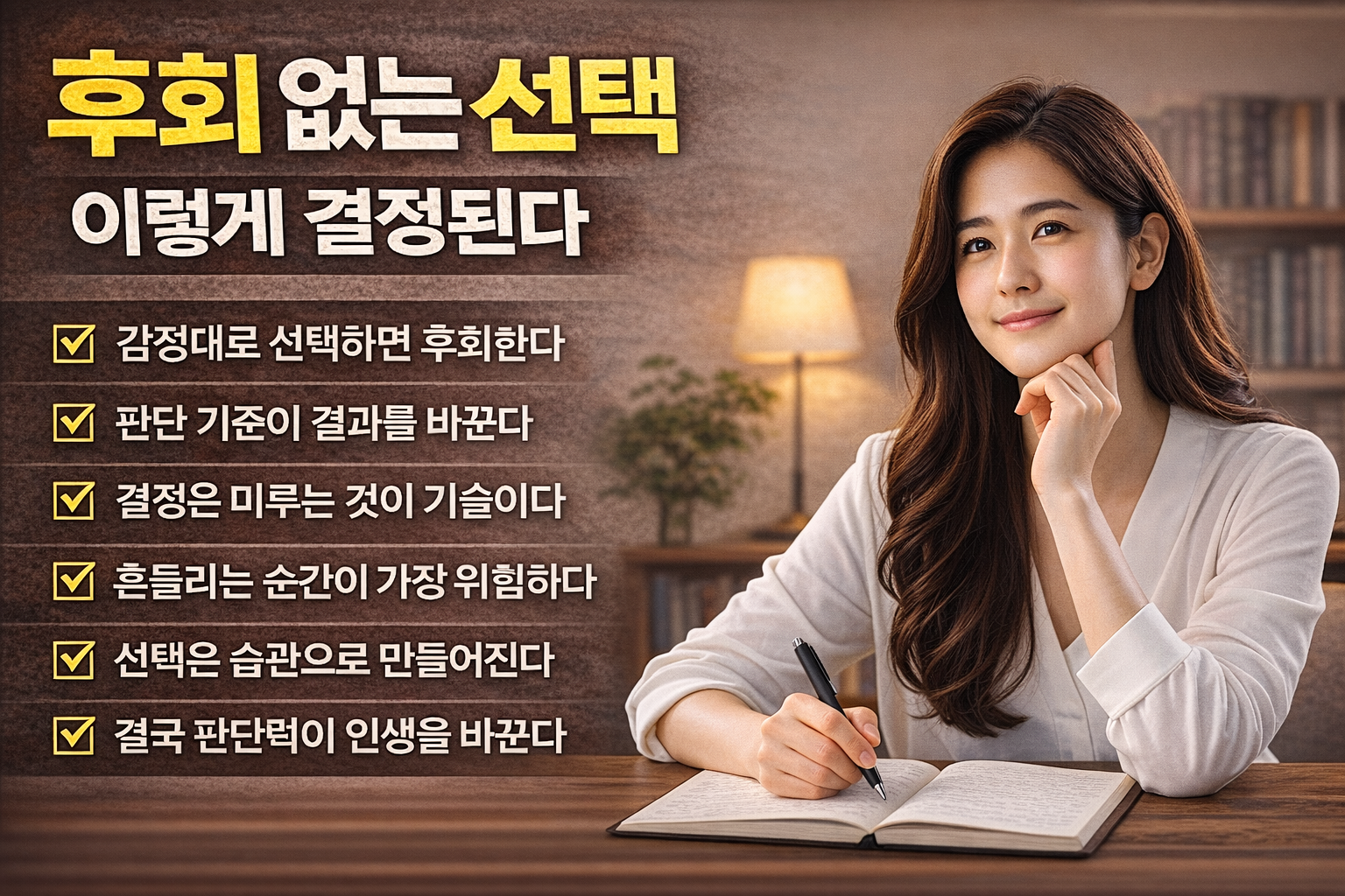 후회 없는 선택을 만드는 방법을 설명한 인포그래픽으로 감정과 판단을 분리하는 기준과 의사결정 핵심 포인트를 정리한 자기계발 이미지