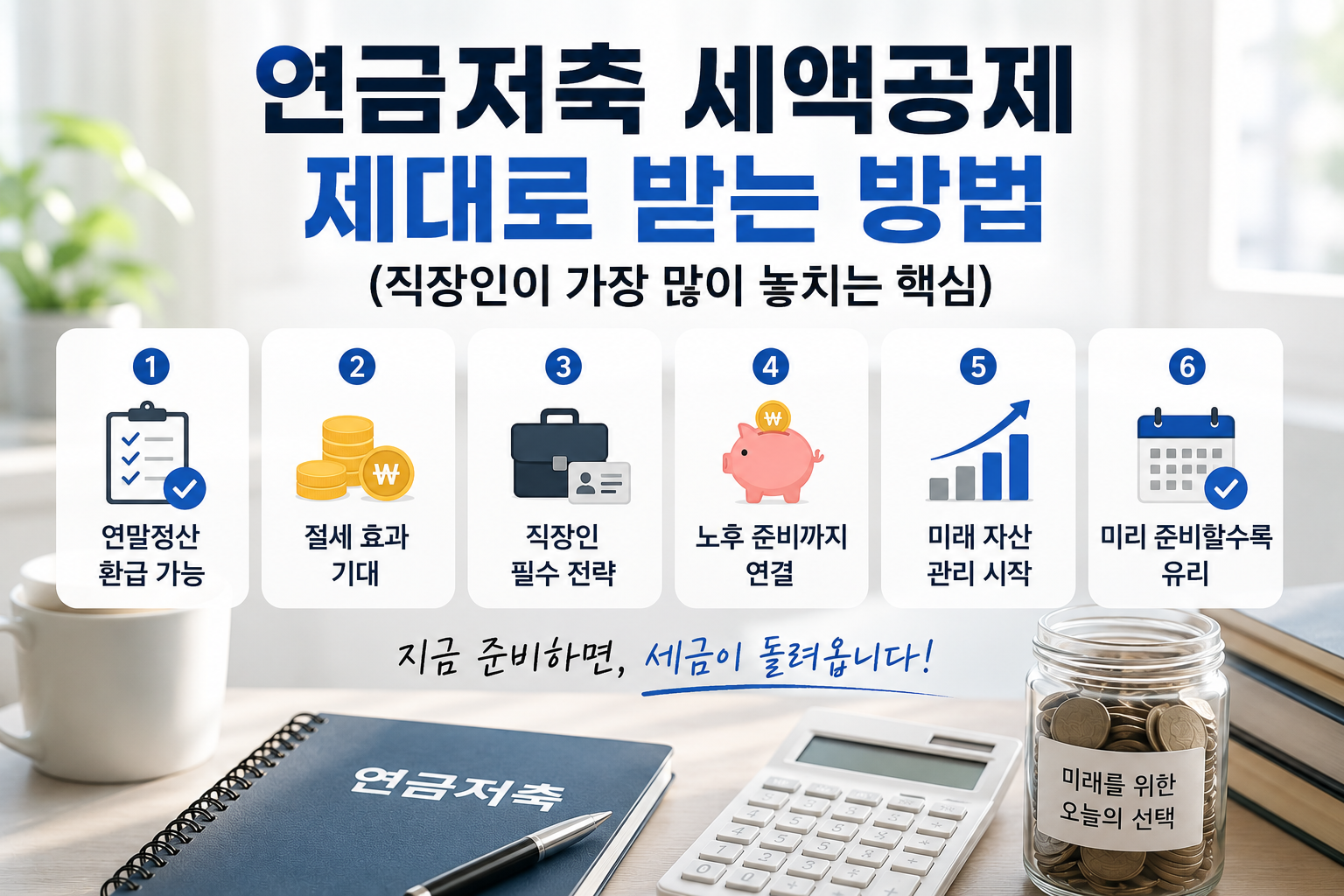 연금저축 세액공제의 핵심 내용을 정리한 현대적인 재테크 인포그래픽 이미지로, 연말정산·절세전략·IRP·세액공제 한도 키워드를 강조한 워드프레스 홈판용 디자인
